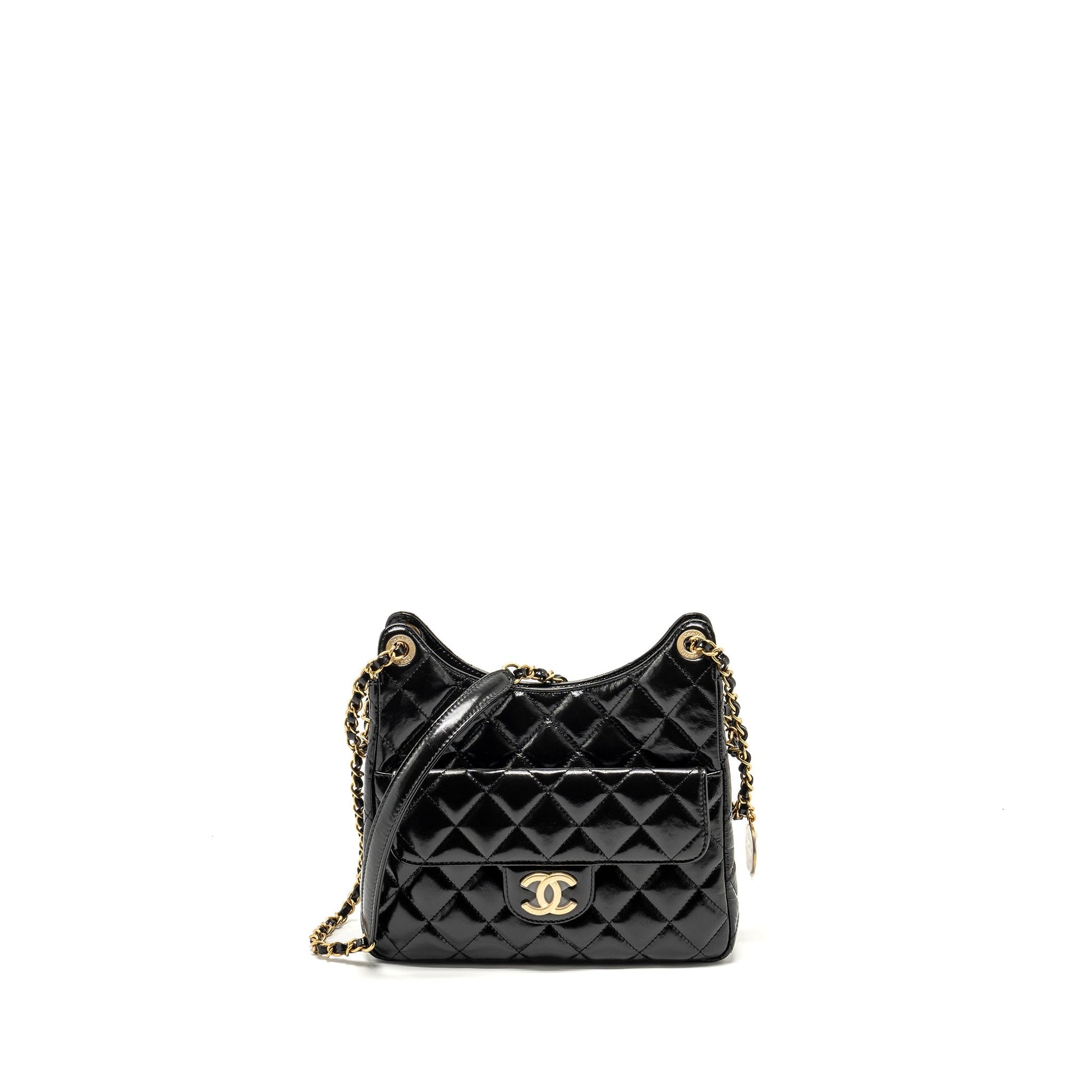 Chanel 23C Hobo Shiny Calfskin Brushed GHW Black Shoulder Bag Ghw Microchip