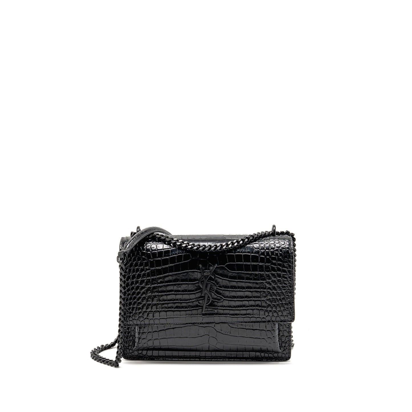 YSL Saint Laurent Sunset Crocodile Calfskin Handbag Black Medium Embossed Travel Bag