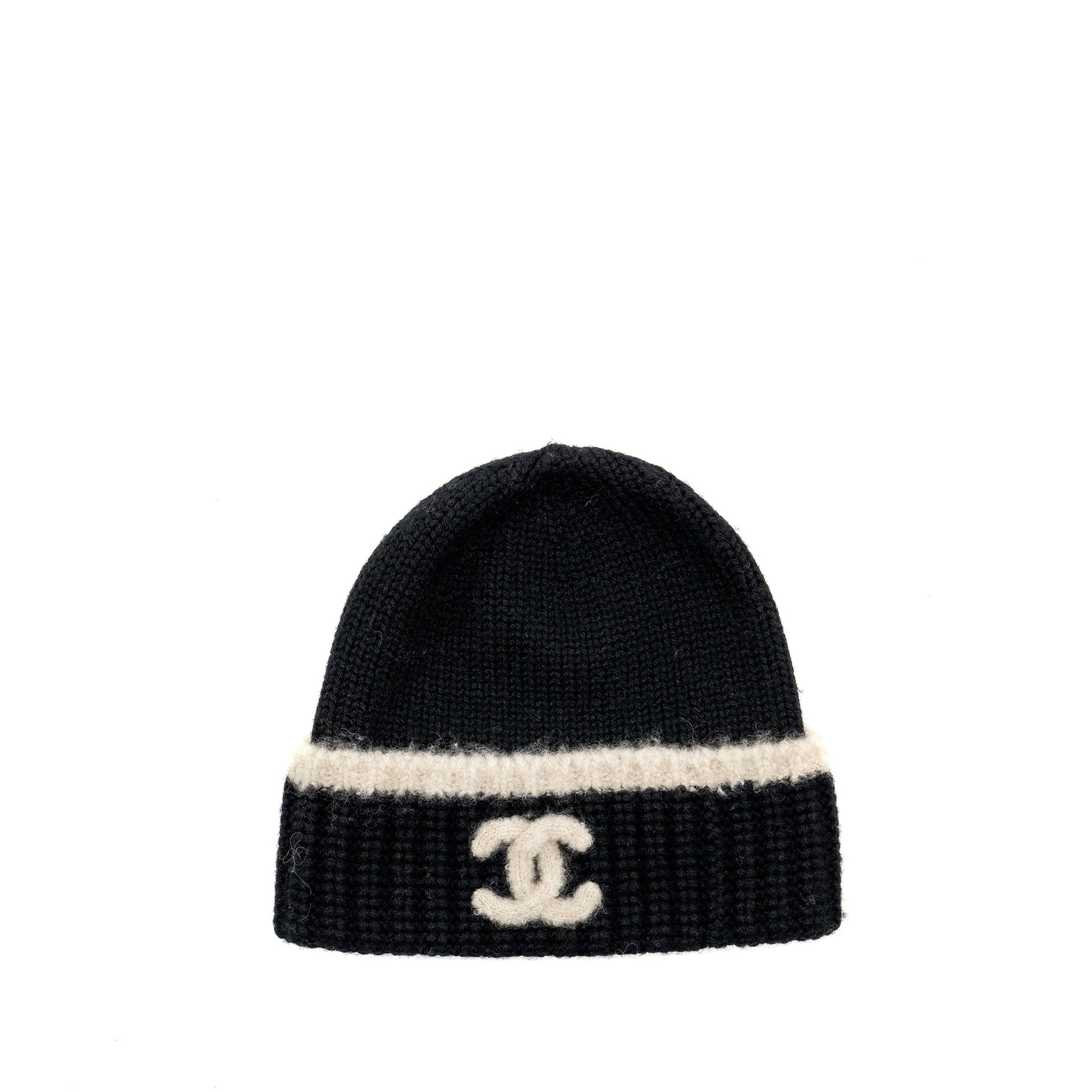 Chanel beanie hat wool cashmere Black White