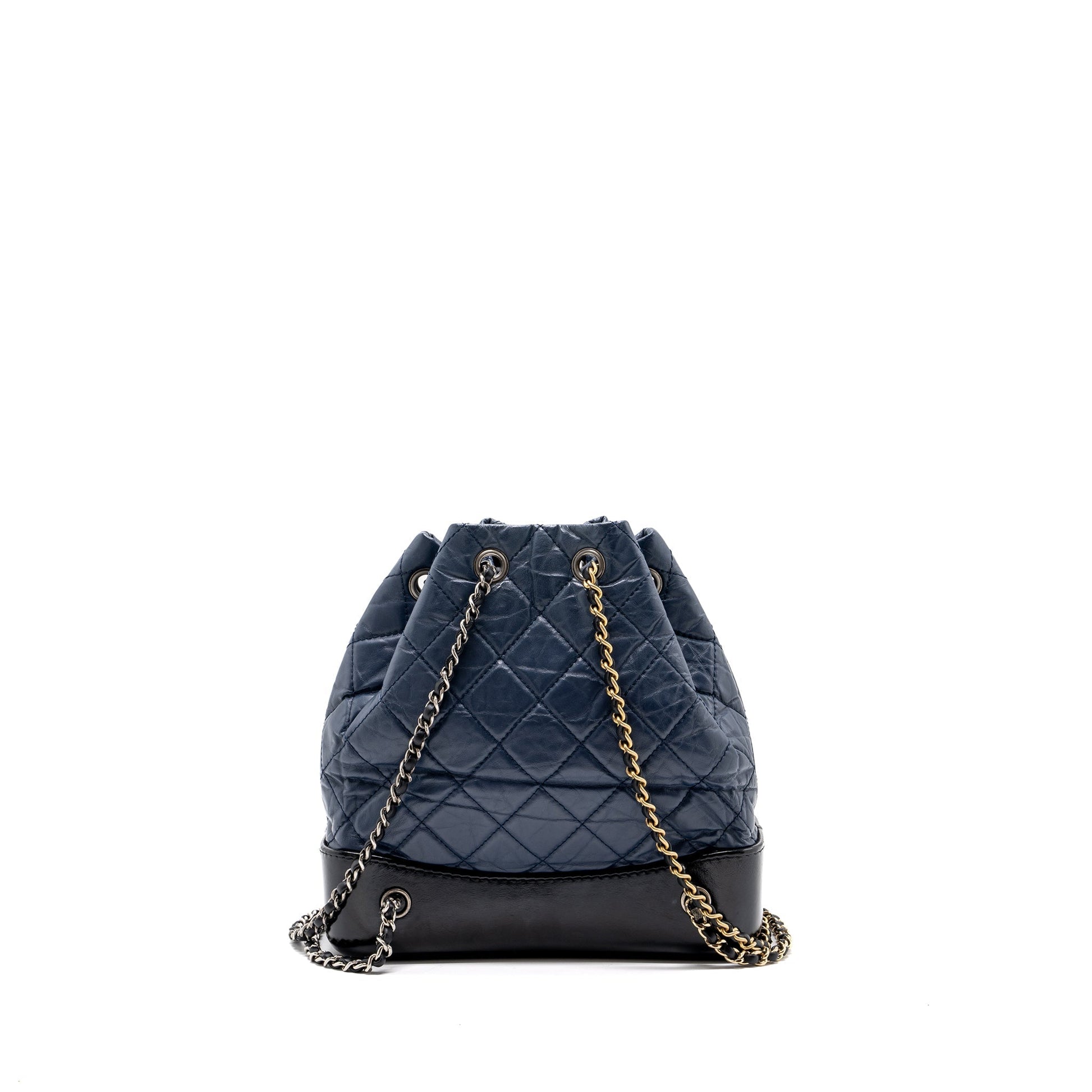 Chanel Gabrielle Backpack Aged Calfskin Navy Ruthenium Black Blue Small