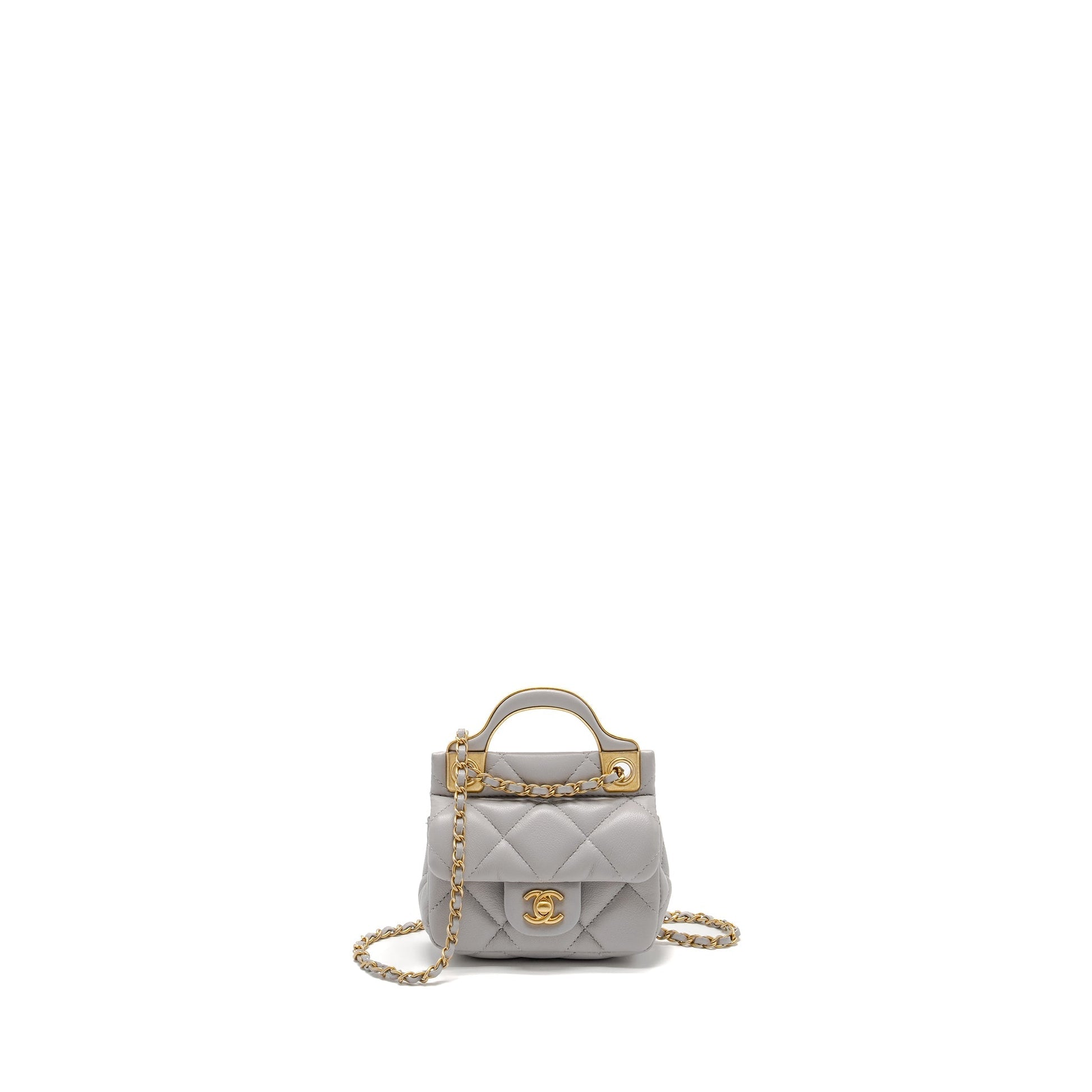 Chanel Quilted Flap Card Holder Lambskin GHW Grey Wallet Case