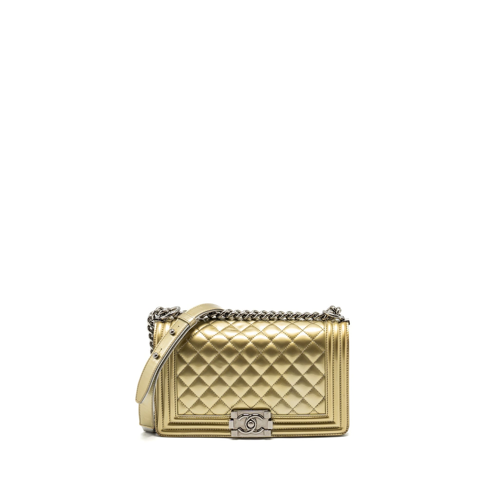 Chanel boy patent light SHW Gold Silver Leather Handbag
