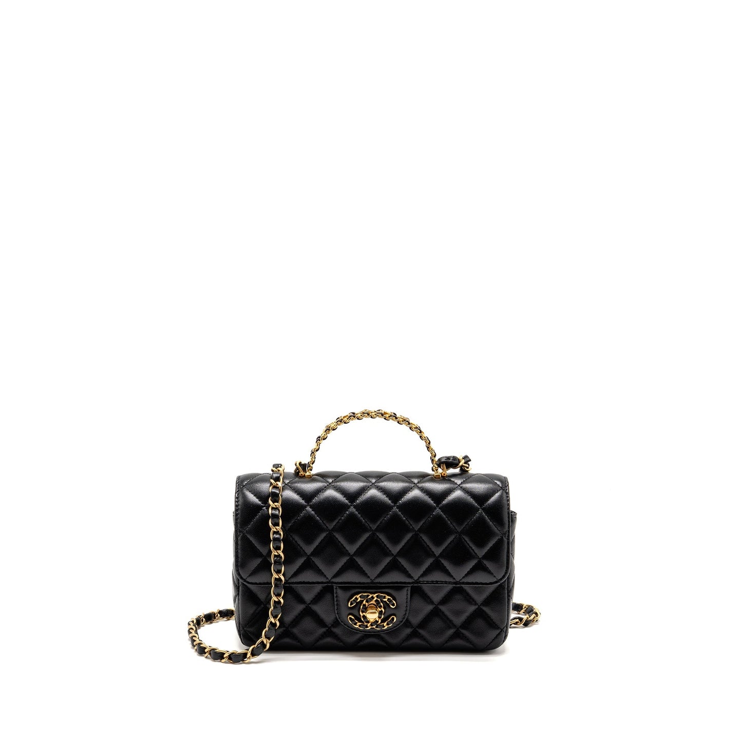 Chanel 24c Detail Top Handle Flap Lambskin Black Shoulder Bag