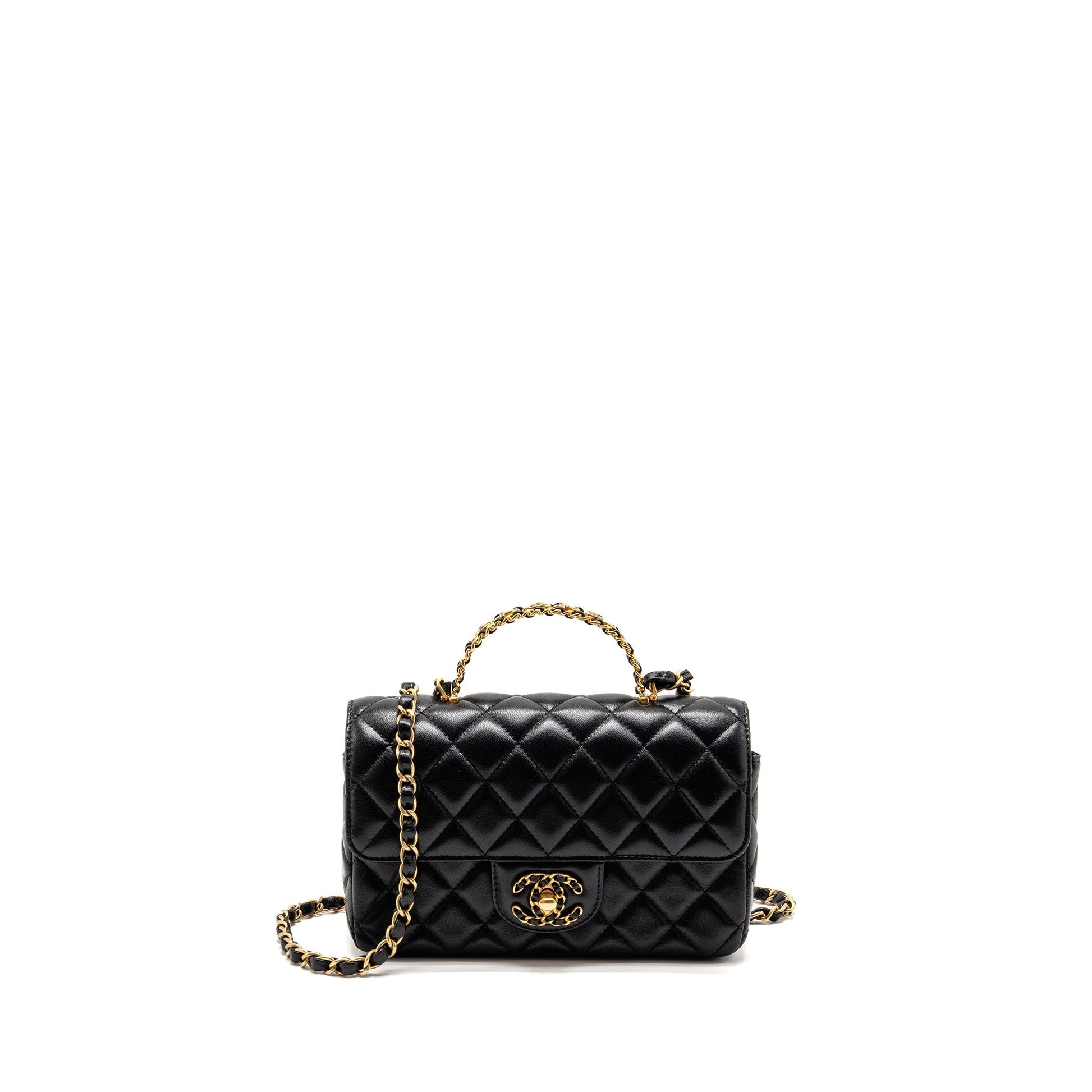 Chanel 24c Detail Top Handle Flap Lambskin Black Shoulder Bag