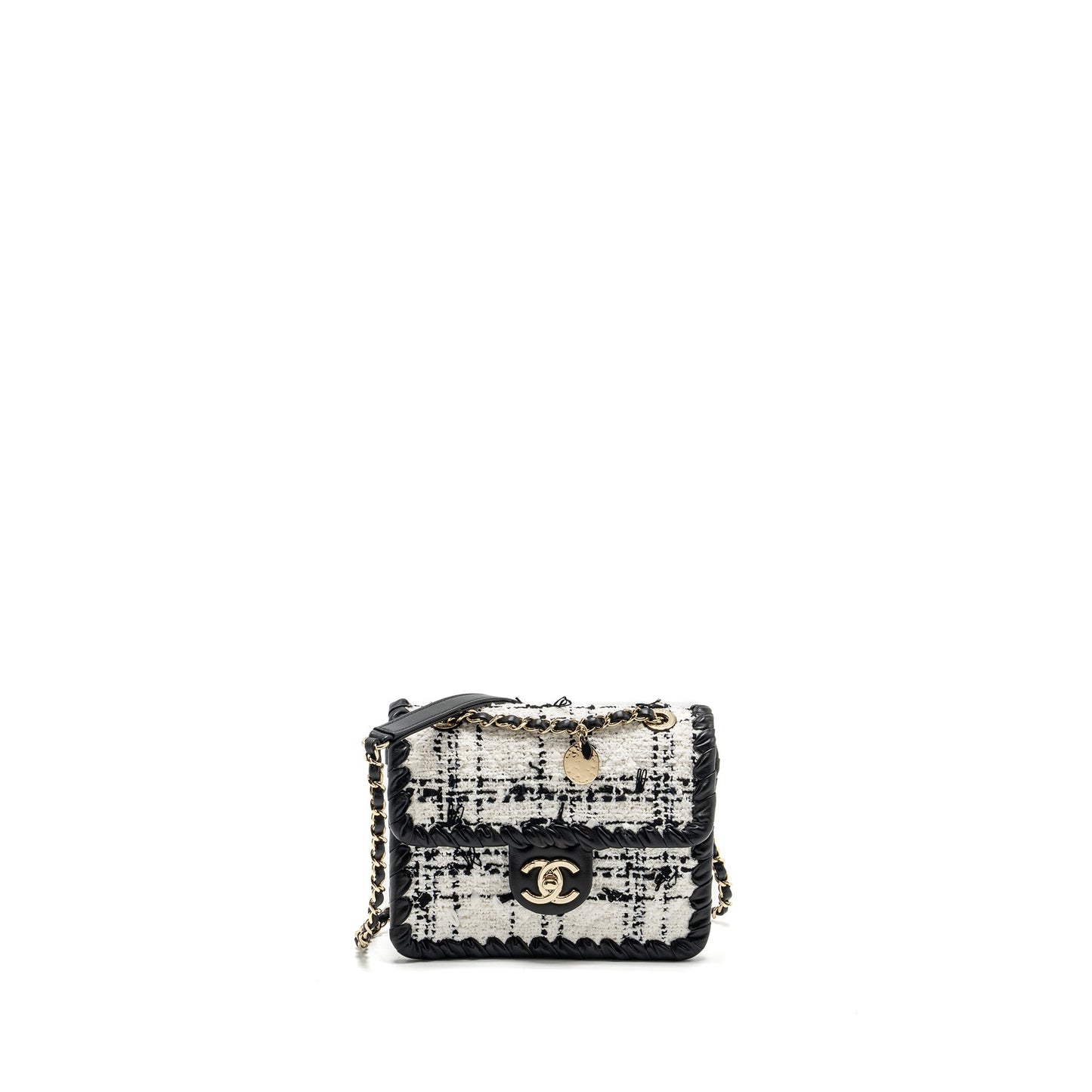 Chanel Seasonal Square Flap Tweed LGHW Microchip Black White Shoulder Bag