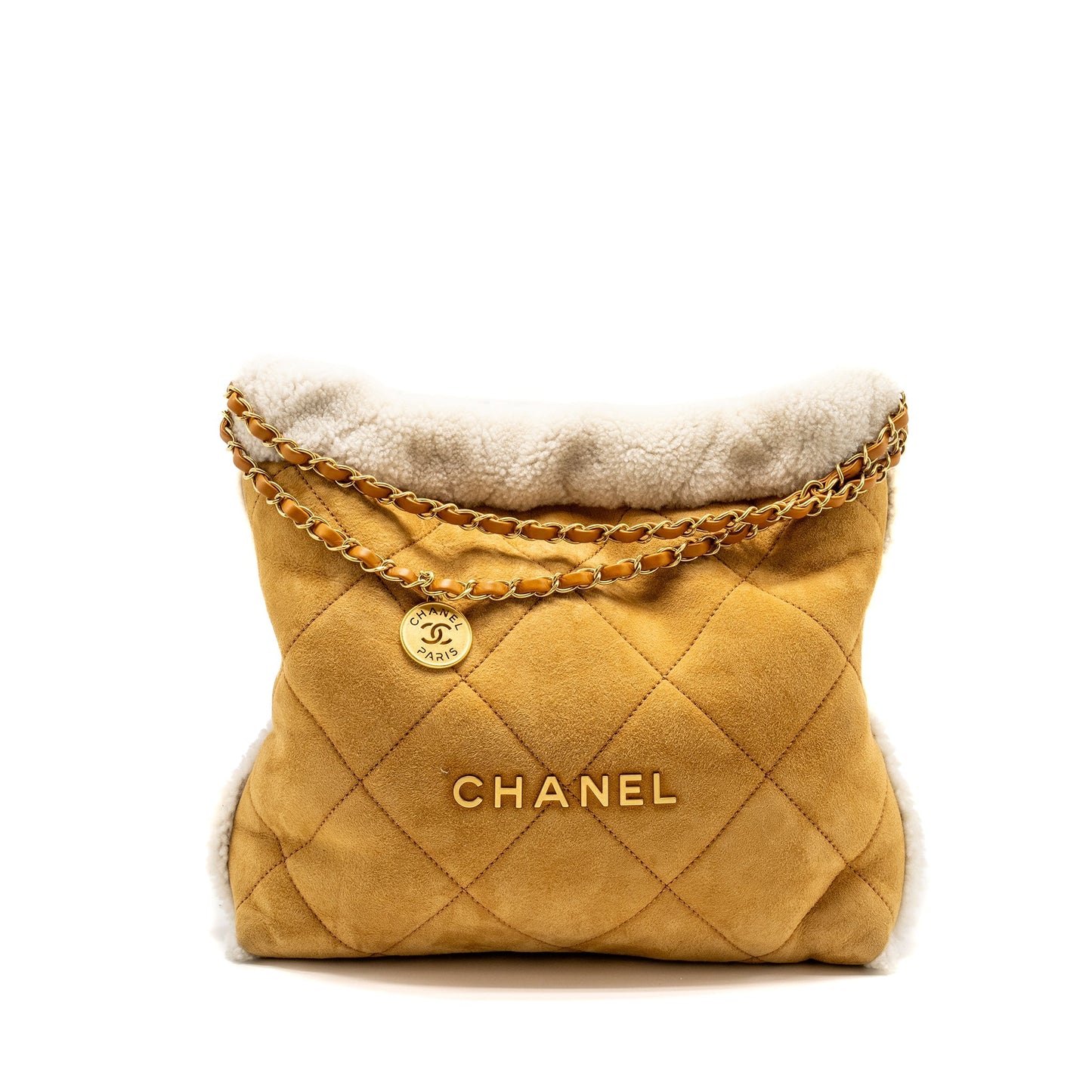 Chanel 22 Quilted Shearling Suede Camel GHW Handbag
