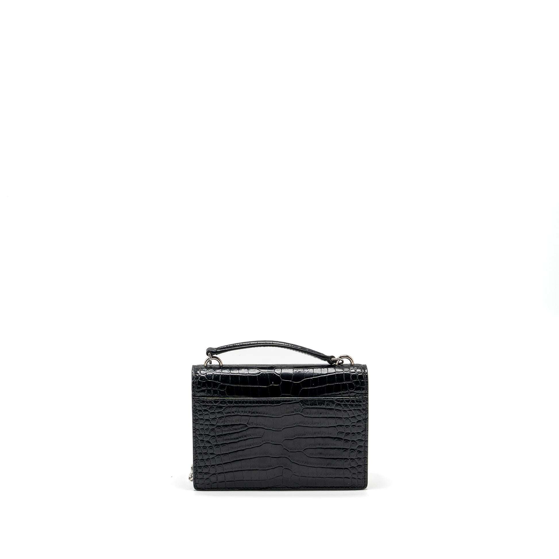 YSL Saint Laurent Sunset Purse Crocodile Embossed Calfskin Travel Bag Black