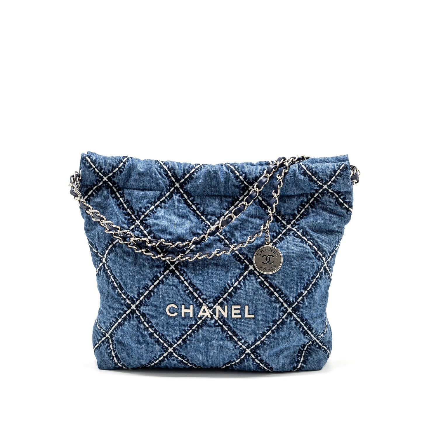 Chanel 22 Denim SHW Microchip White Blue Small Handbag