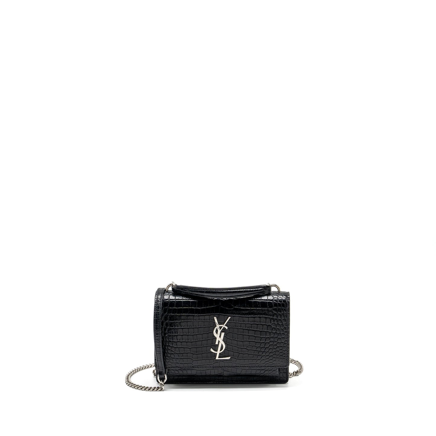 YSL Saint Laurent Sunset Purse Crocodile Embossed Calfskin Travel Bag Black