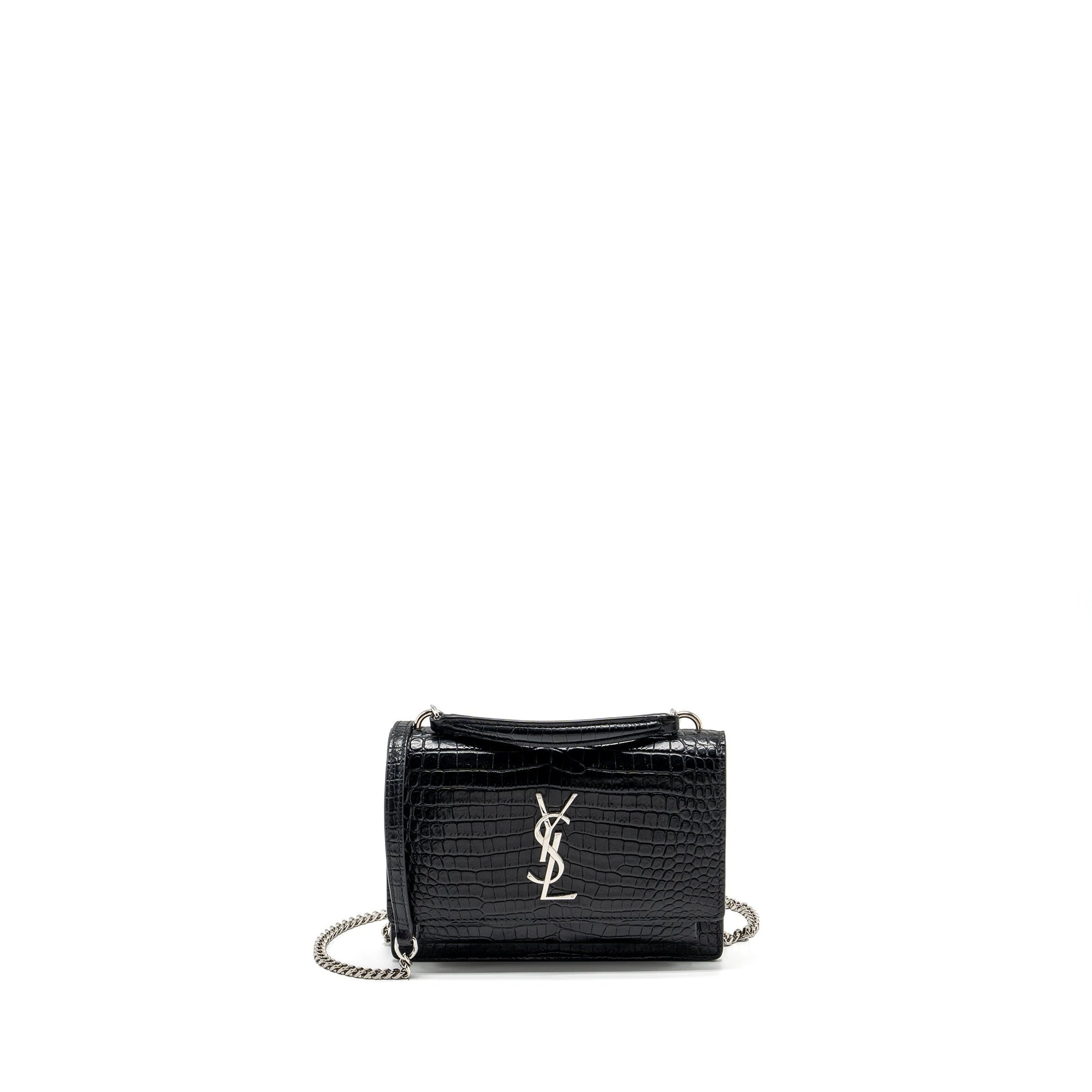 YSL Saint Laurent Sunset Purse Crocodile Embossed Calfskin Travel Bag Black