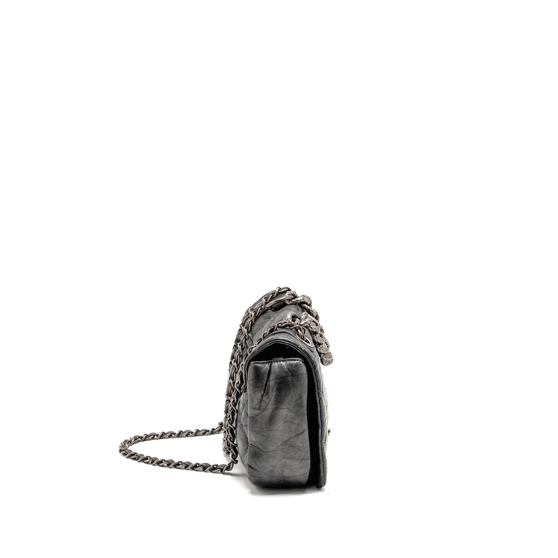 Chanel Detailed Single Flap Calfskin Charcoal SHW Grey Shoulder Bag