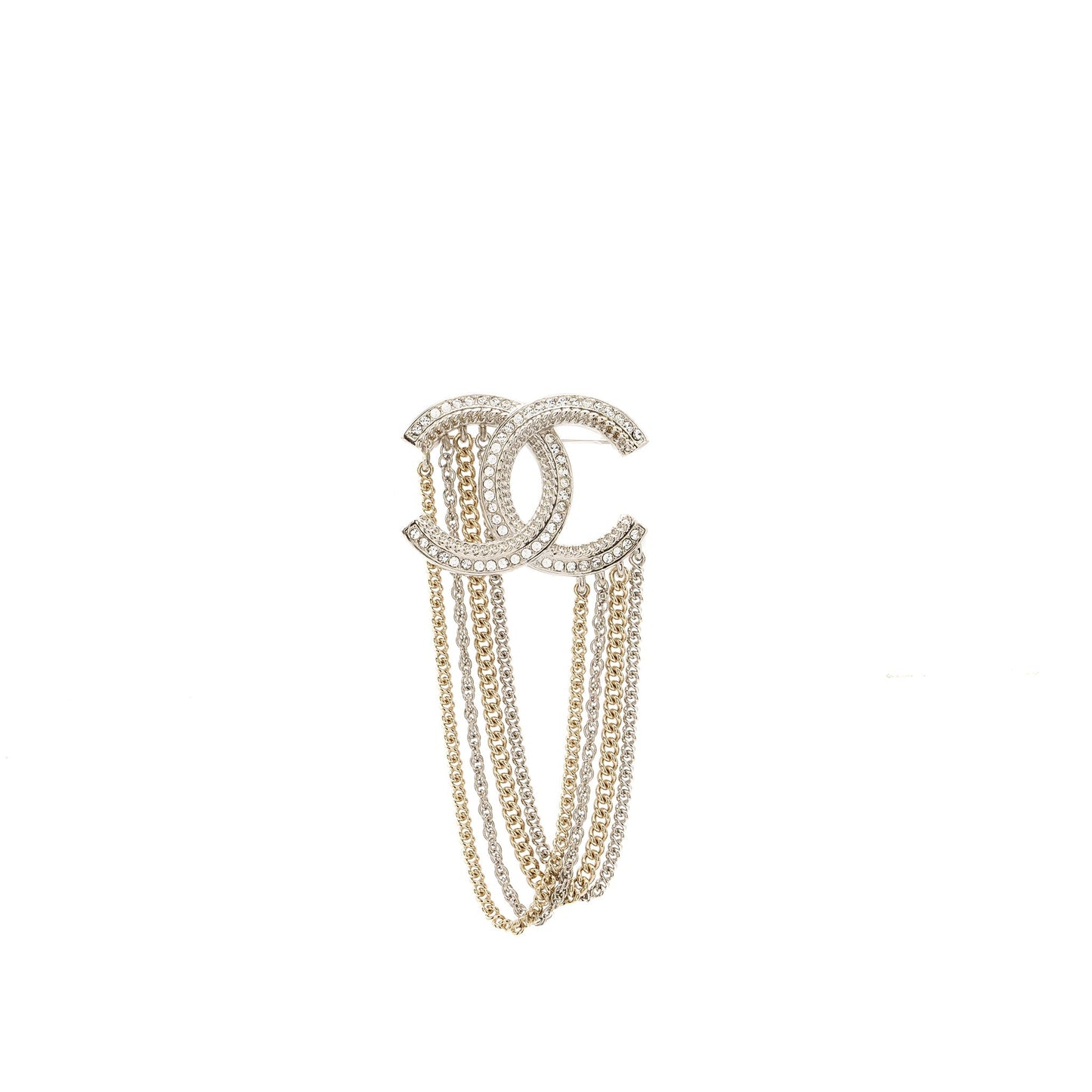 Chanel Chains Drop CC Logo Brooch Crystal Gold Silver Handbag