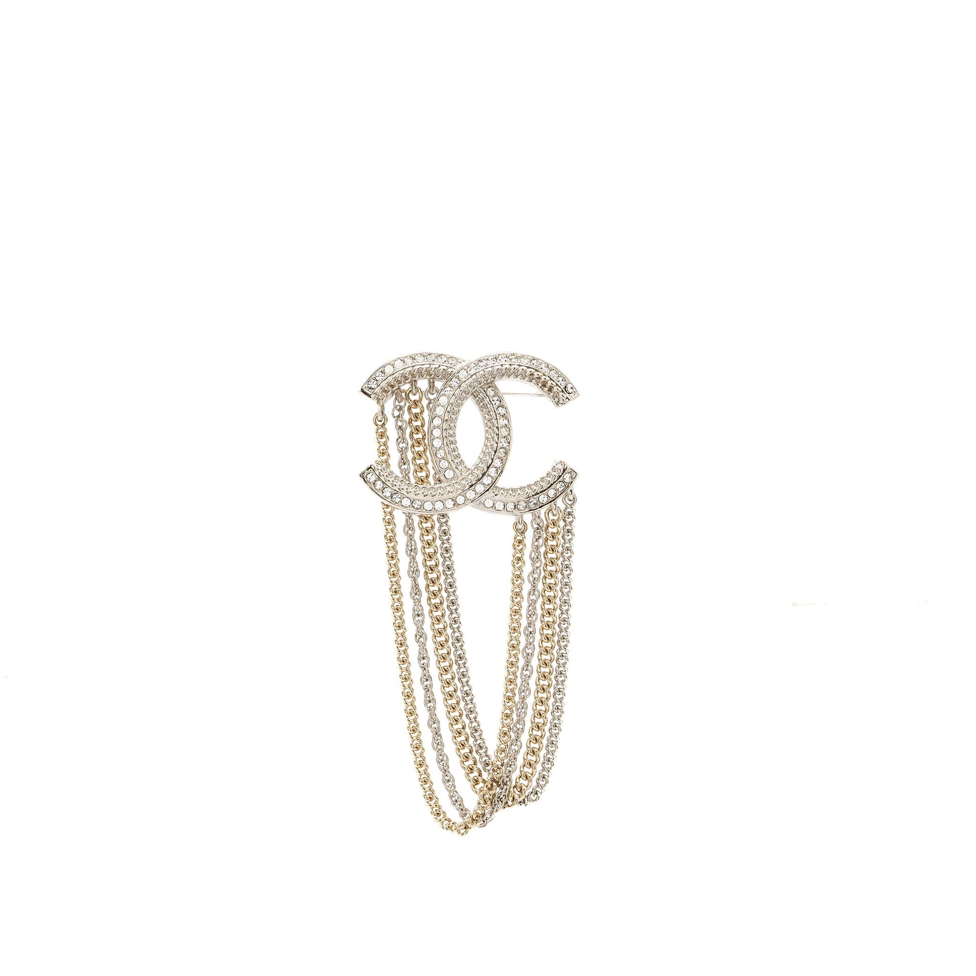Chanel Chains Drop CC Logo Brooch Crystal Gold Silver Handbag