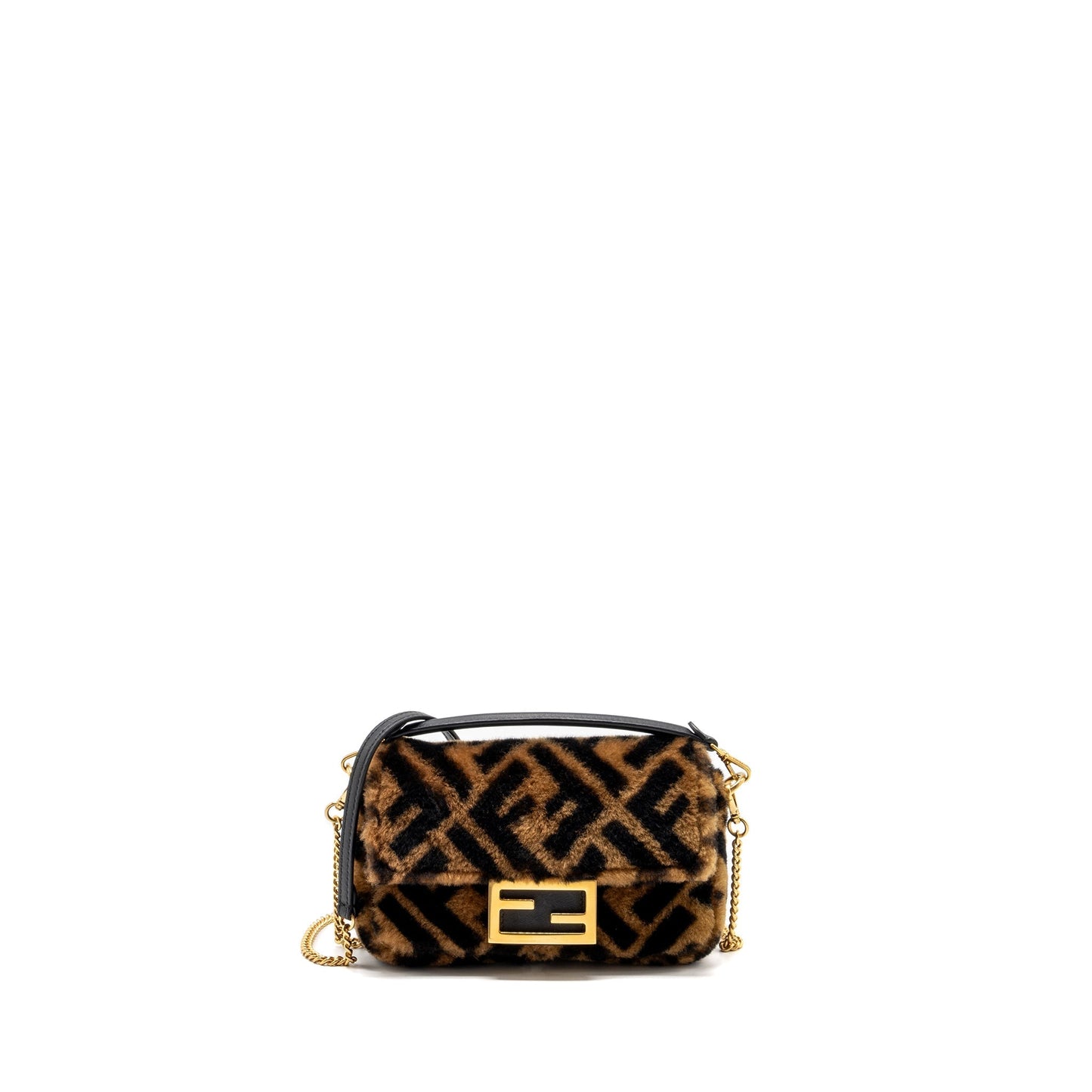 Fendi Baguette Purse Lamb Fur Black Brown Mini Shoulder Bag