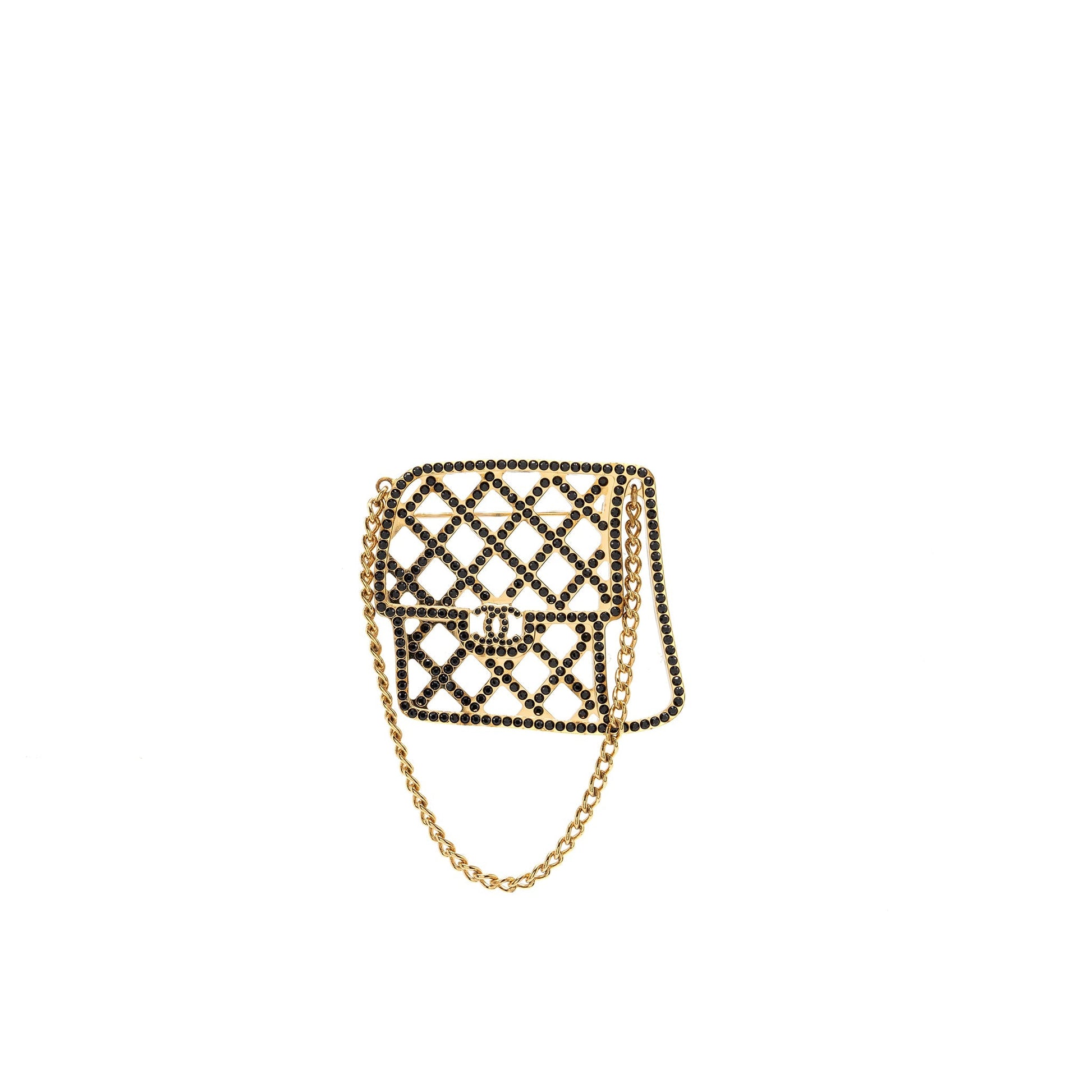 Chanel flap brooch crystal tone Black Gold Shoulder Bag