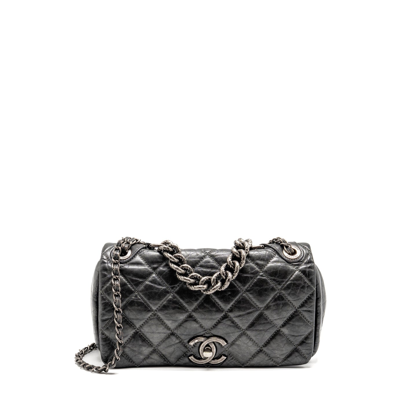 Chanel Detailed Single Flap Calfskin Charcoal SHW Grey Shoulder Bag