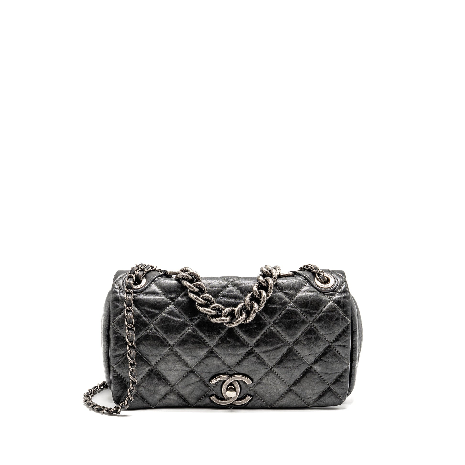 Chanel Detailed Single Flap Calfskin Charcoal SHW Grey Shoulder Bag