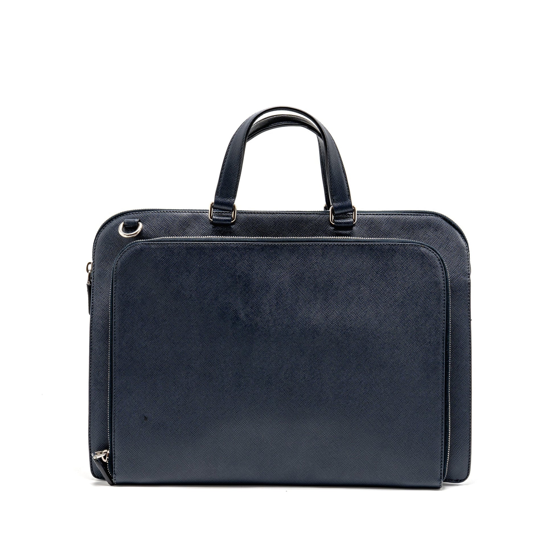Prada Saffiano Travel Briefcase Calfskin Dark Handbag Blue Travel Bag