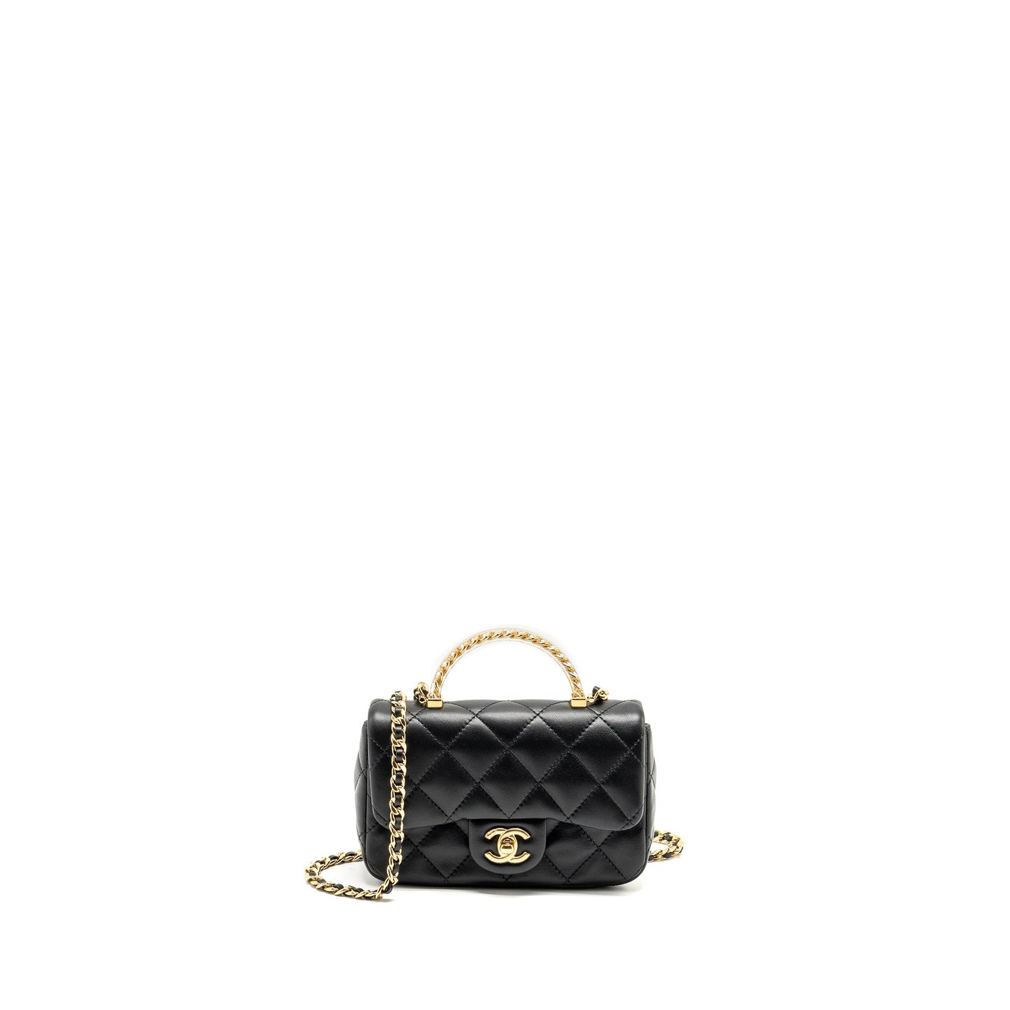 Chanel 24s Top Handle Flap Lambskin GHW Black Shoulder Bag