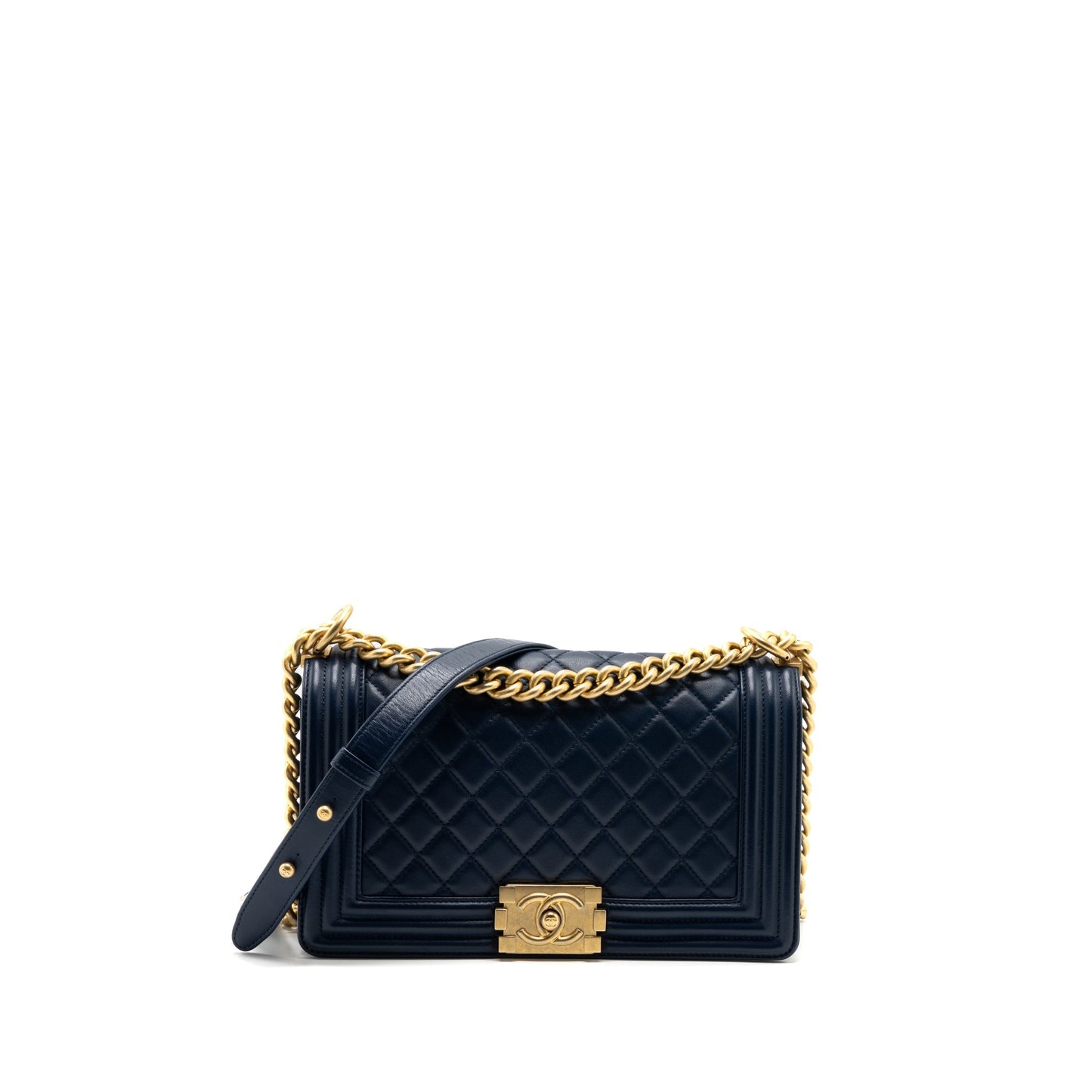 Chanel Boy Lambskin Dark GHW Blue Handbag