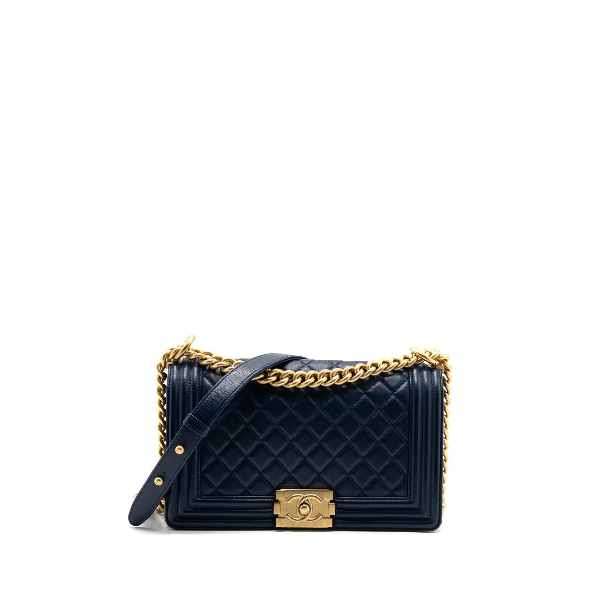 Chanel Boy Lambskin Dark GHW Blue Handbag