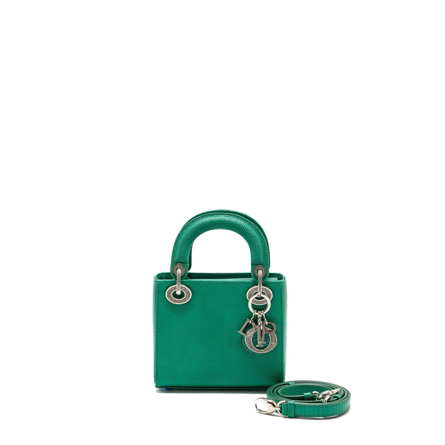 Dior Lady Lizard With Crystal Buckle Handbag Green Mini Travel Bag