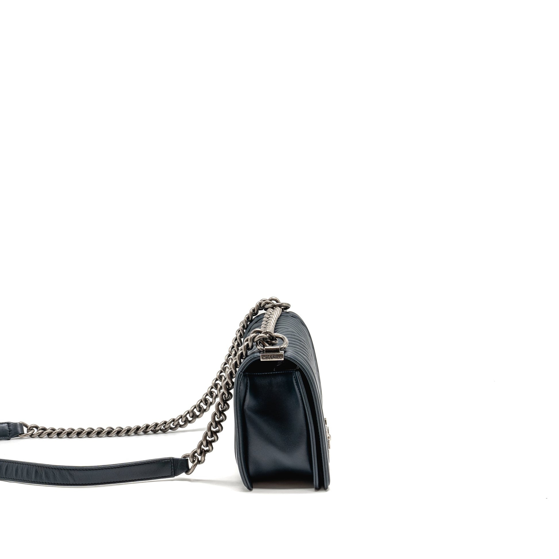 Chanel Boy Chevron Lambskin Dark SHW Blue Handbag