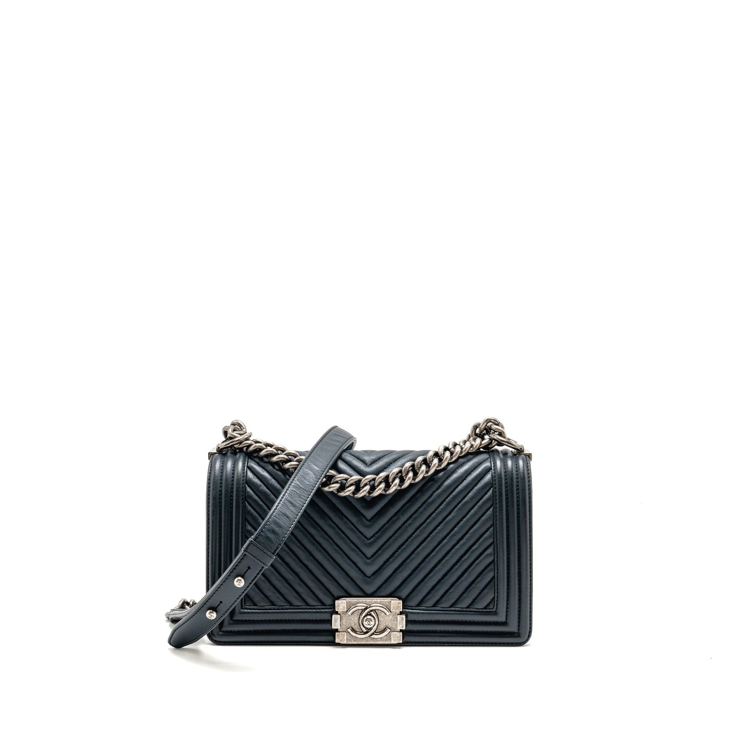 Chanel Boy Chevron Lambskin Dark SHW Blue Handbag