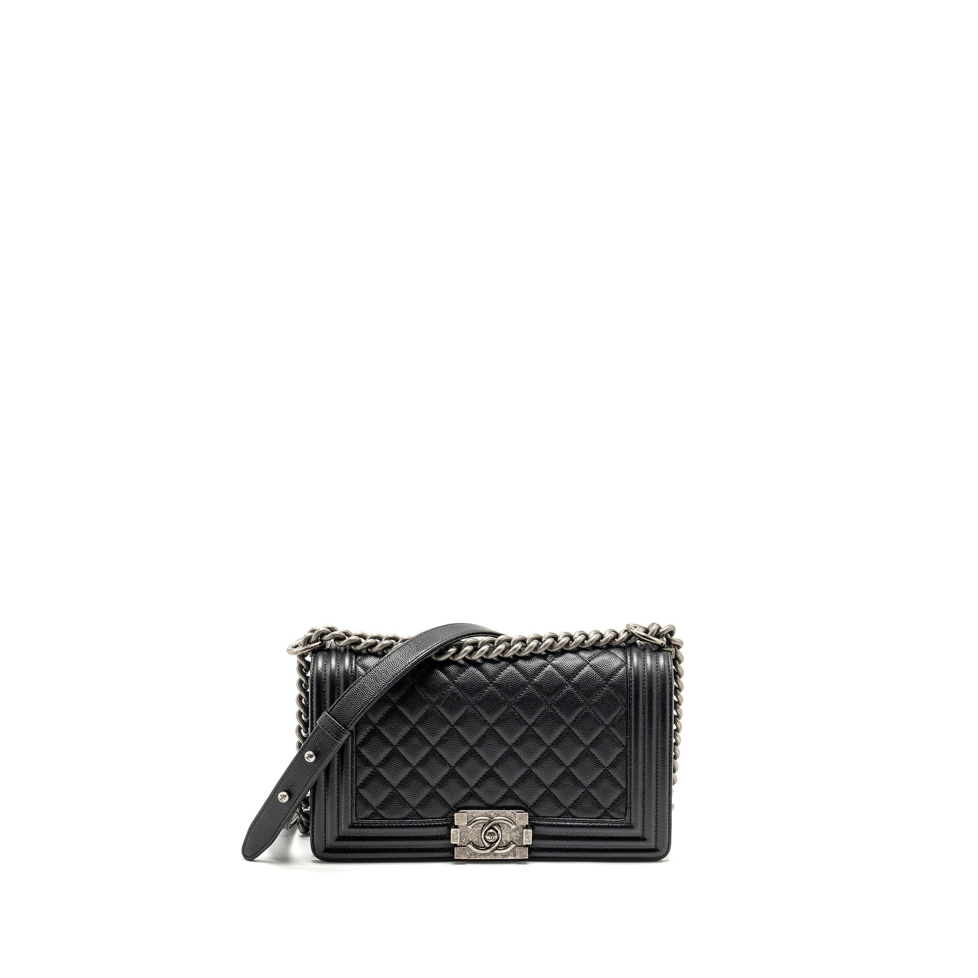 Chanel Boy Caviar Ruthenium Hardware Black Silver Handbag