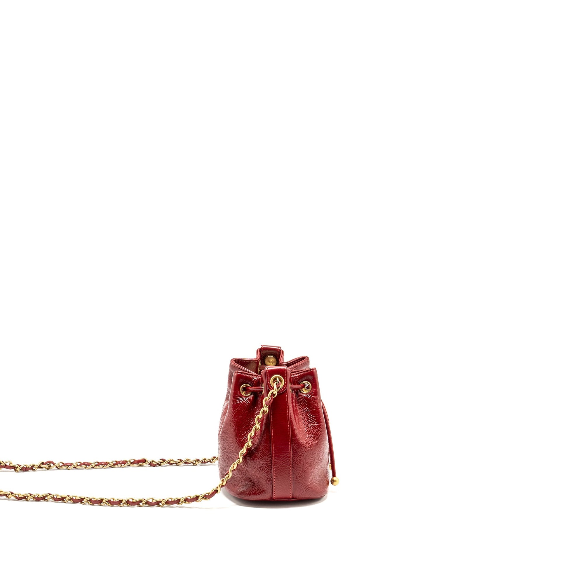 Chanel CC Drawstring Mini Bucket Shiny Aged Calfskin Red Ghw Bag