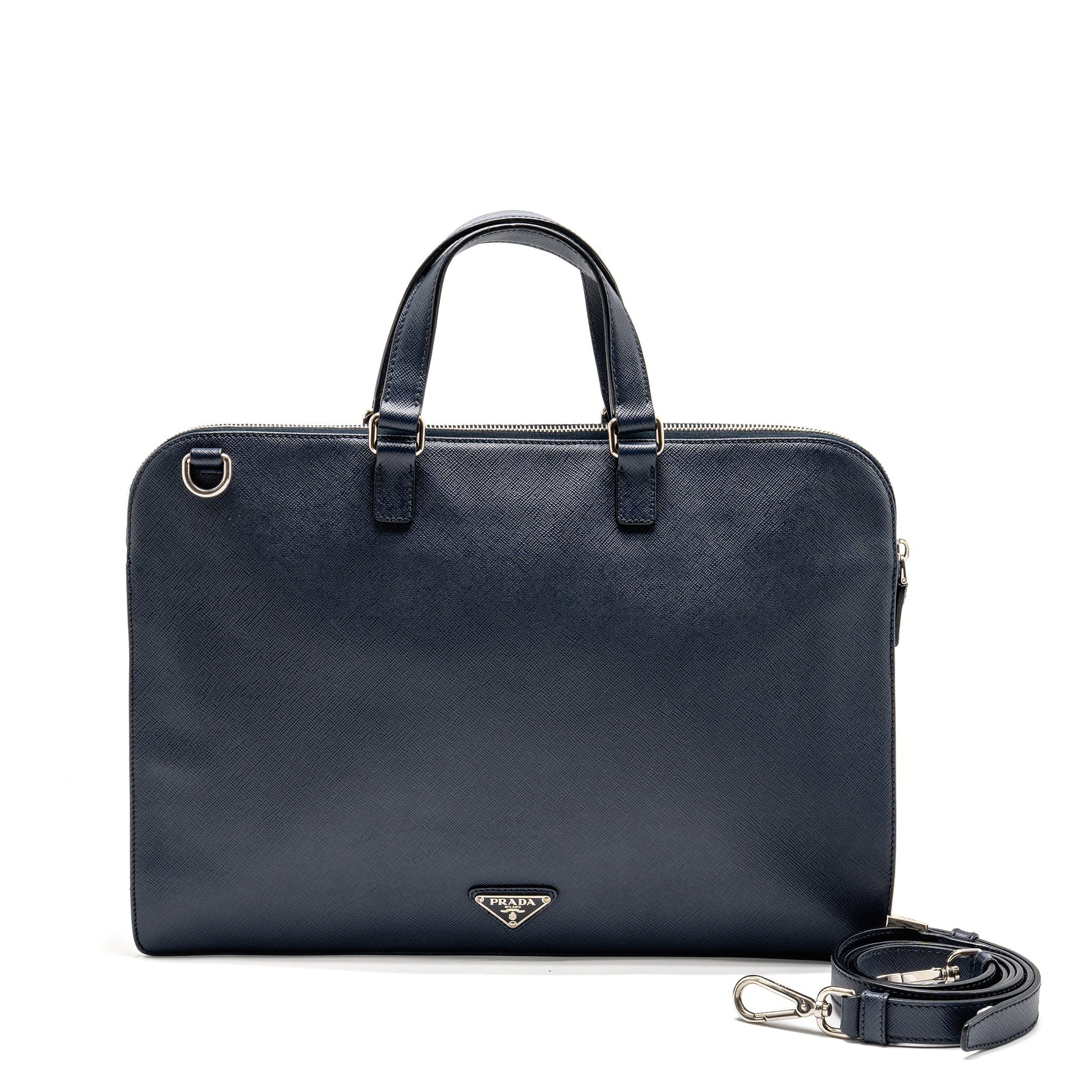 Prada Saffiano Travel Briefcase Calfskin Dark Handbag Blue Travel Bag