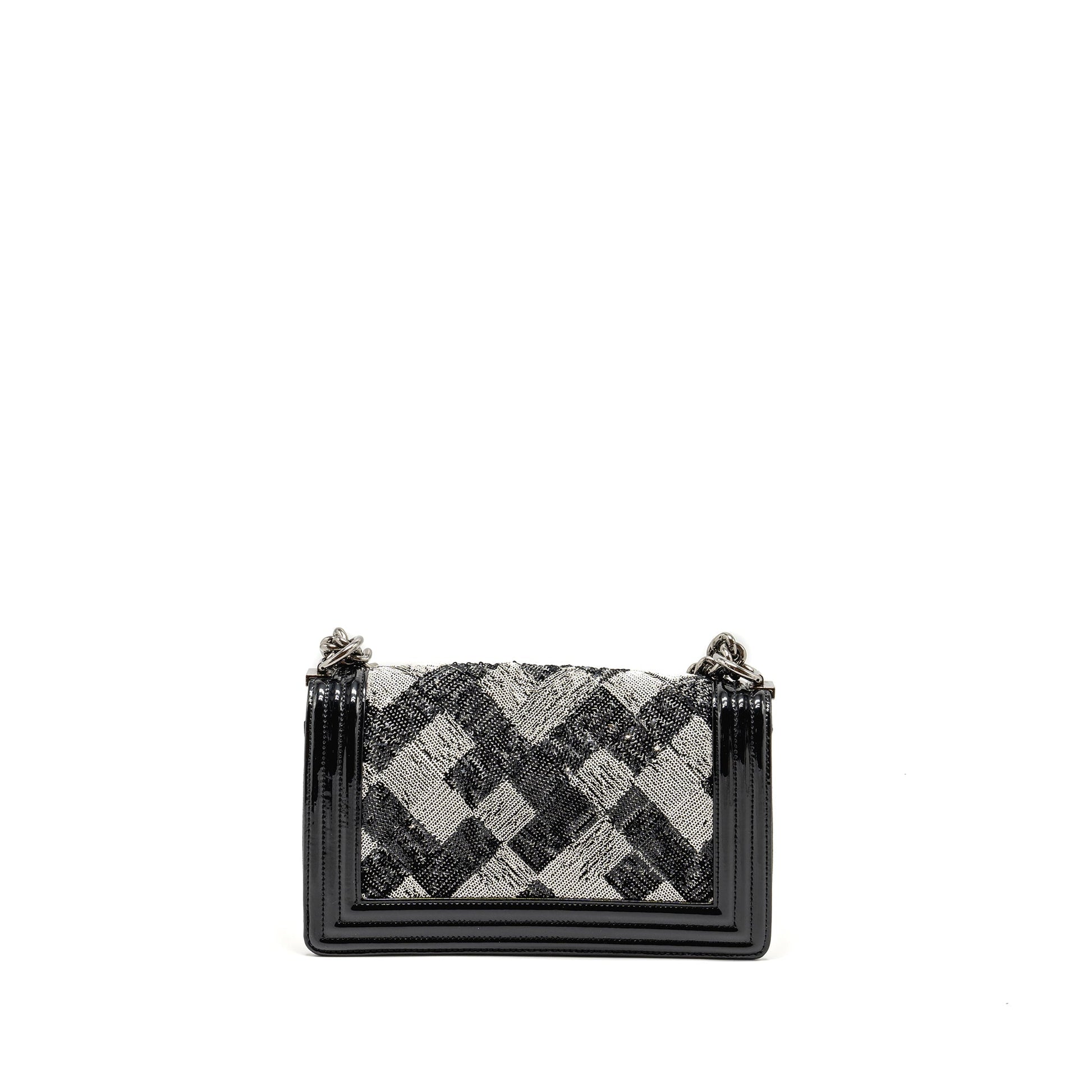 Chanel Boy Sequin Patent SHW Black White Handbag