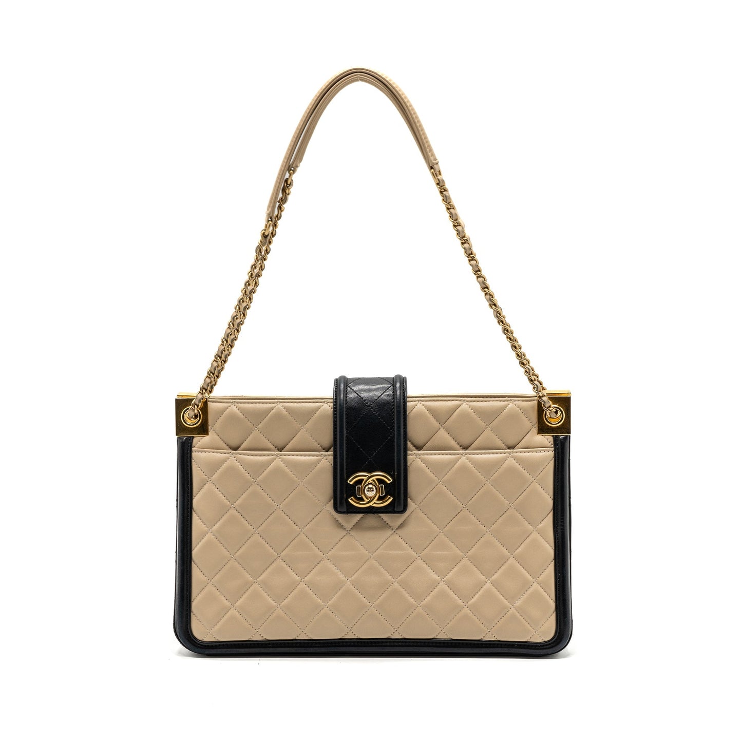Chanel Quilted shopping lambskin GHW Black Beige Small Tote Bag
