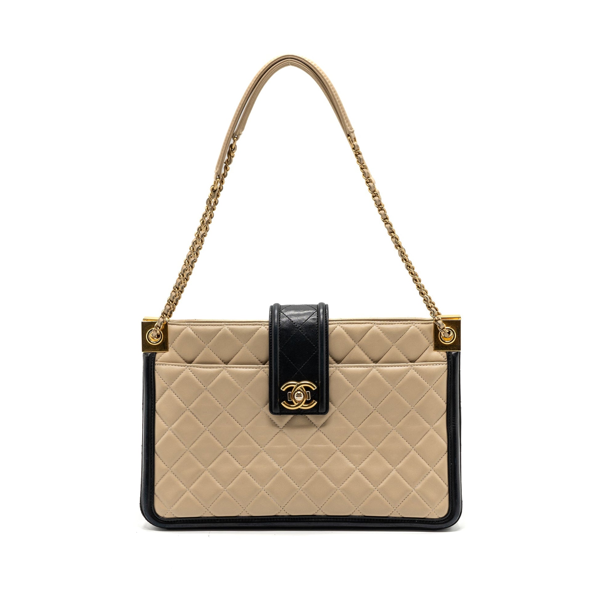 Chanel Quilted shopping lambskin GHW Black Beige Small Tote Bag
