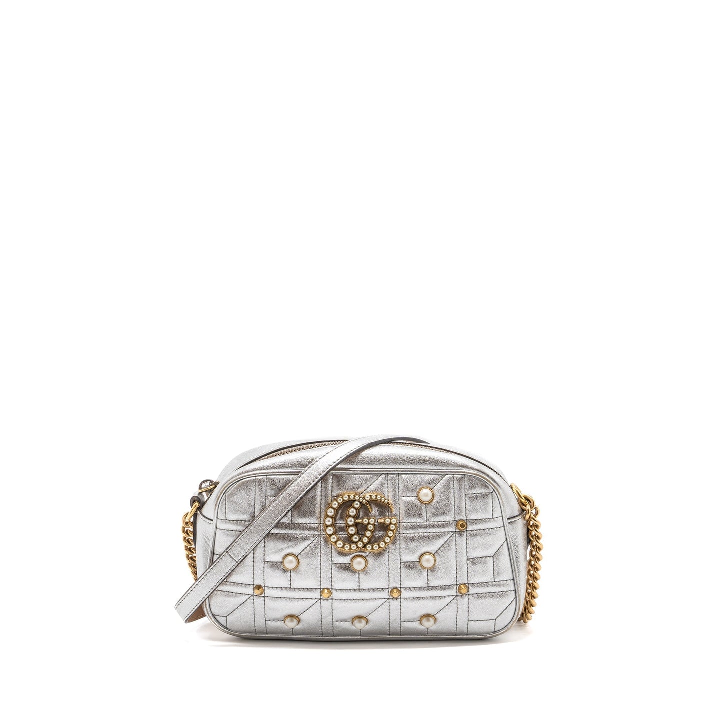 Gucci Marmont Camera Bag With Pearl Leather Silver Travel Bag