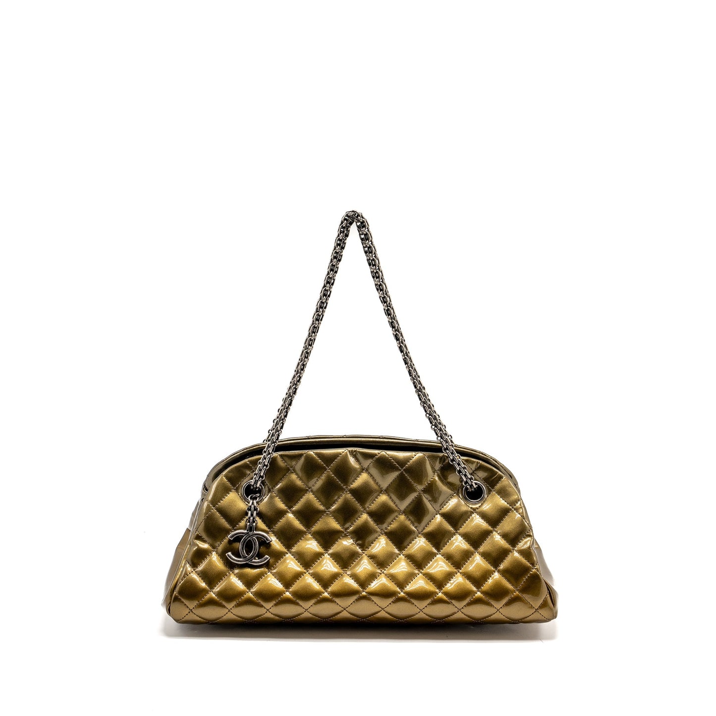 Chanel Just Mademoiselle Bowling Patent Gold Silver Handbag
