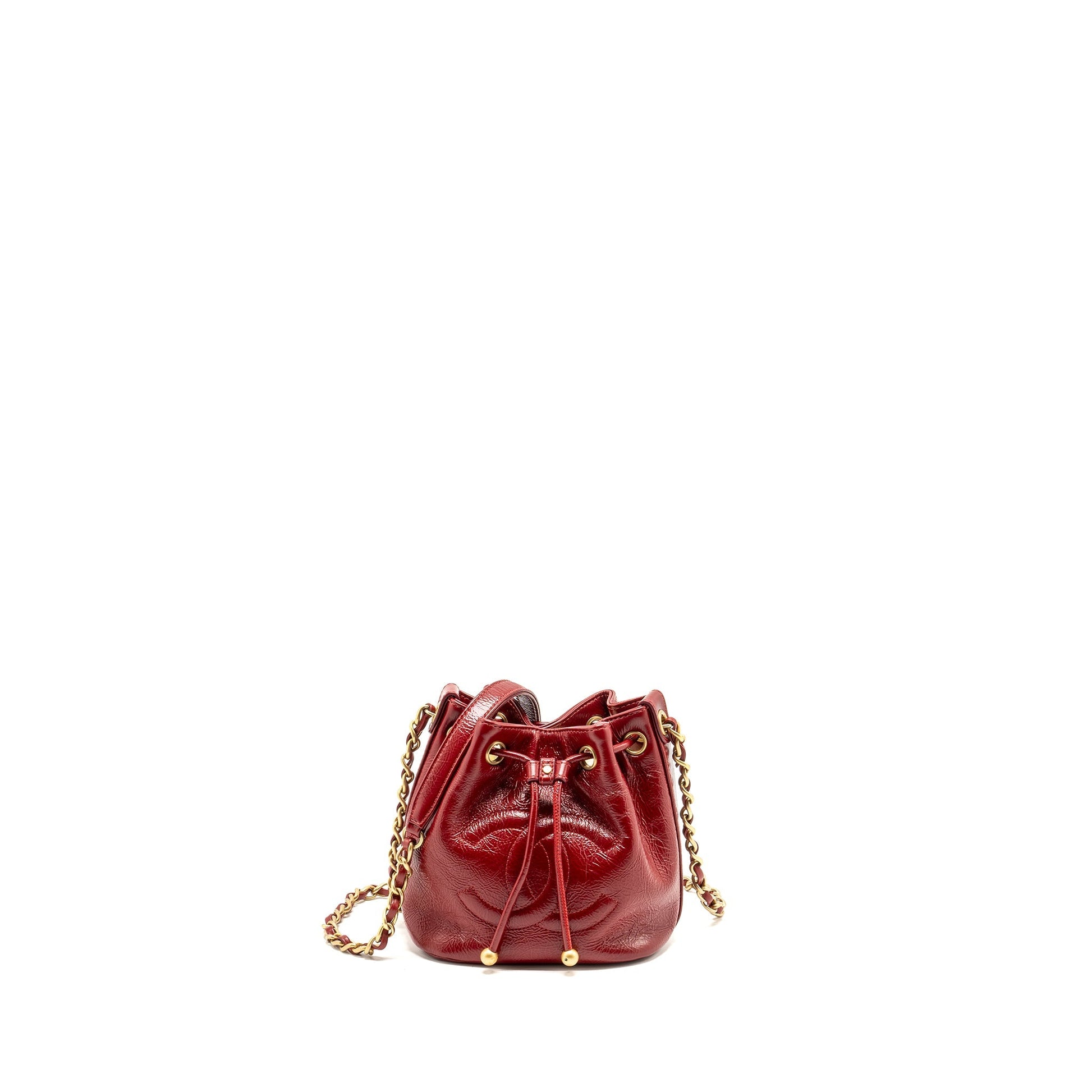 Chanel CC Drawstring Mini Bucket Shiny Aged Calfskin Red Ghw Bag