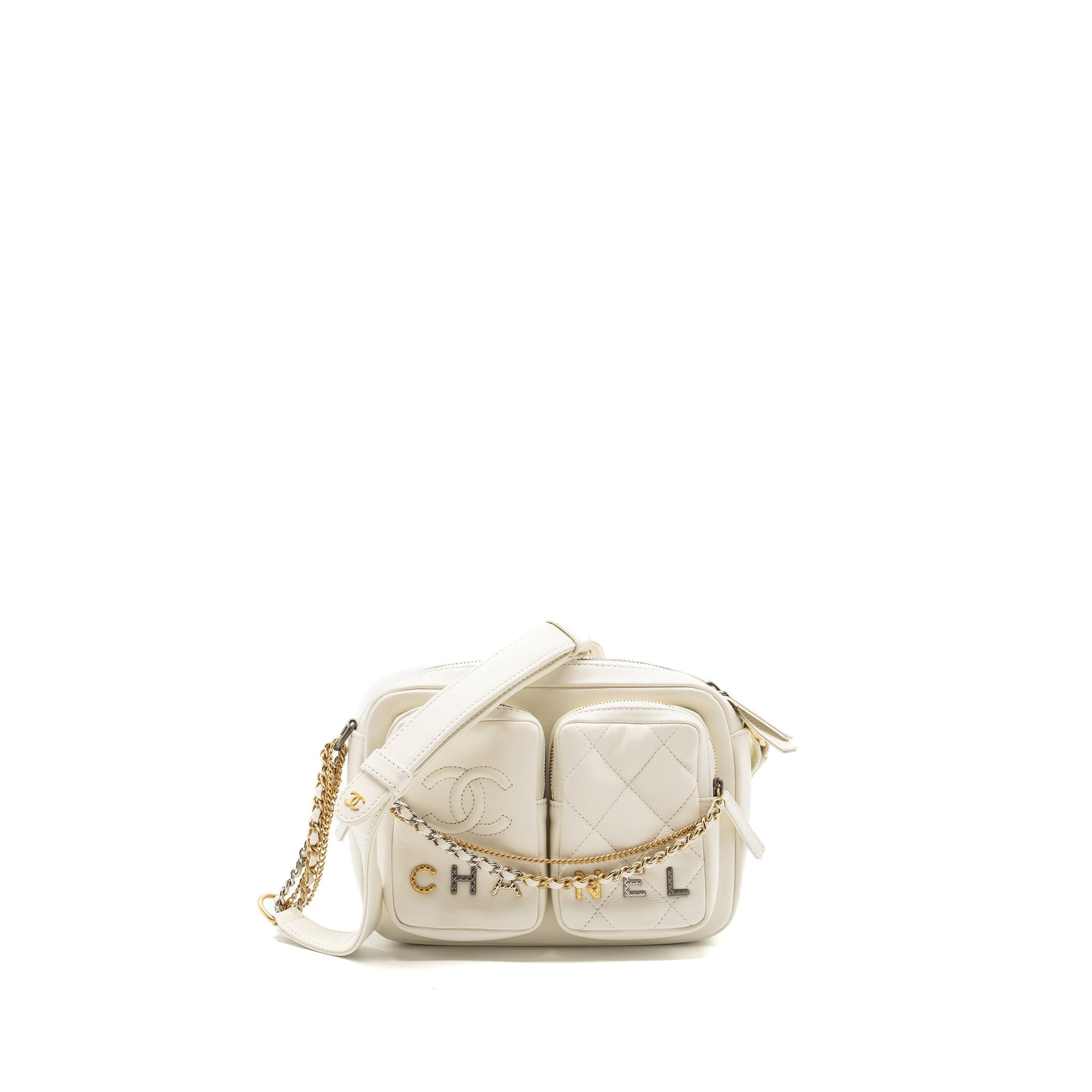 Chanel Camera Calfskin Hardware Microchip Multicolour White Small Crossbody Bag