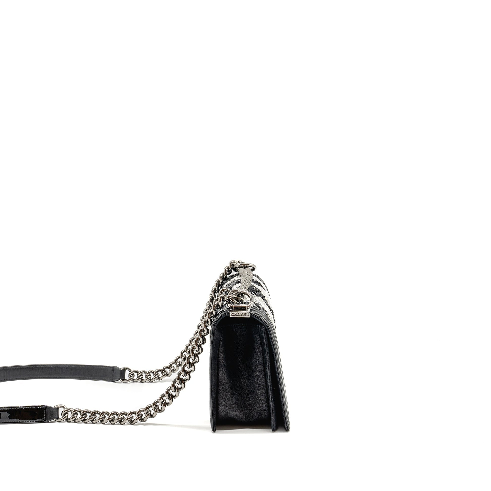 Chanel Boy Sequin Patent SHW Black White Handbag