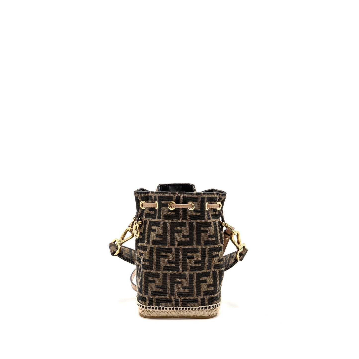 Fendi Tresor Purse Fabric Raffia Brown Bucket Bucket Bag