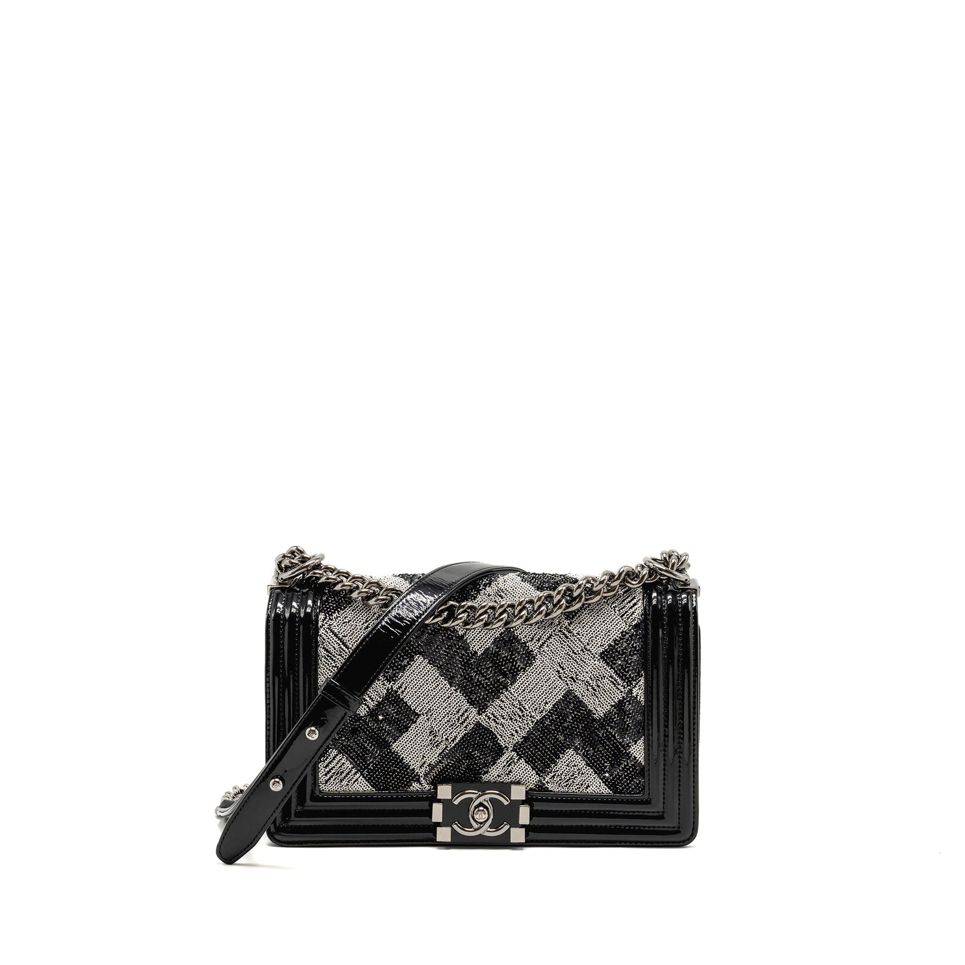 Chanel Boy Sequin Patent SHW Black White Handbag
