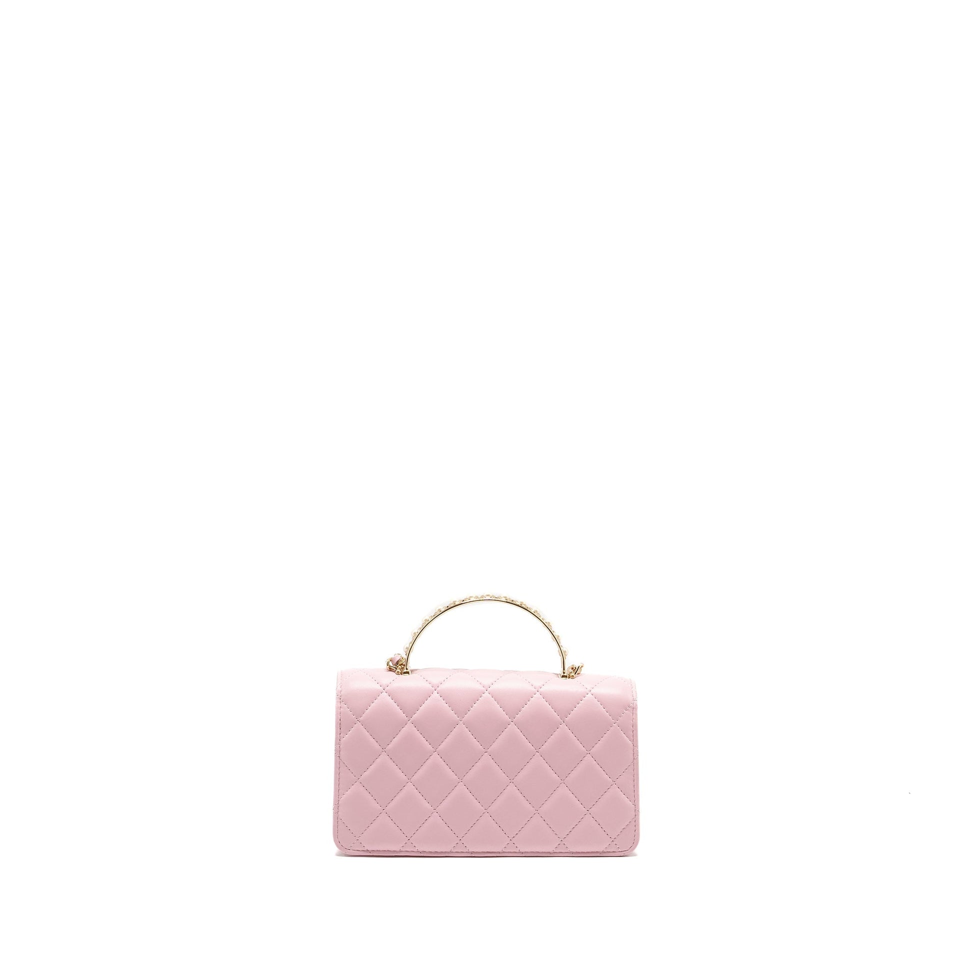 Chanel Pearl Detailed Top Handel On Lambskin Pink Wallet Case