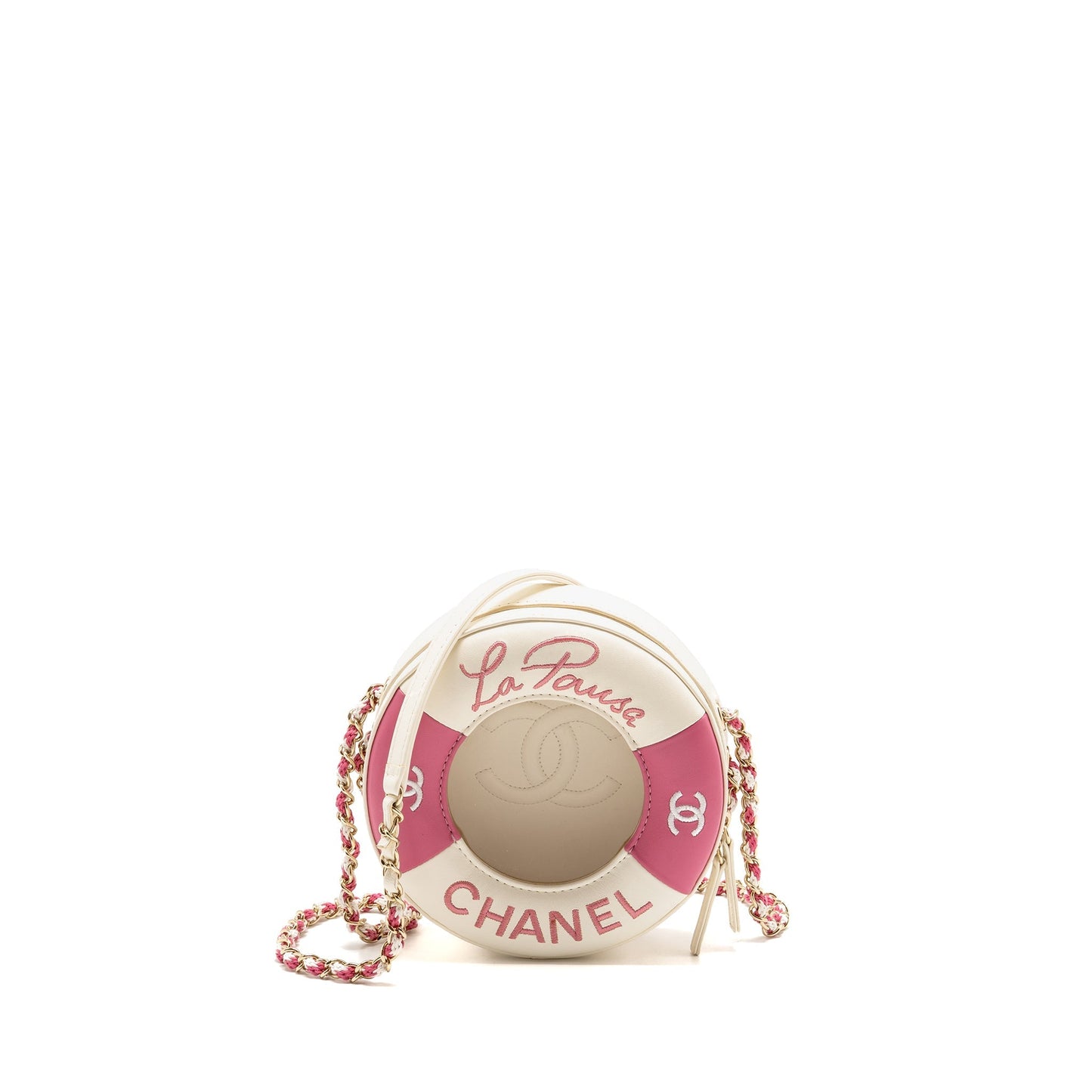 Chanel 19c La Pausa Lifesaver Lambskin PVC White Pink Handbag