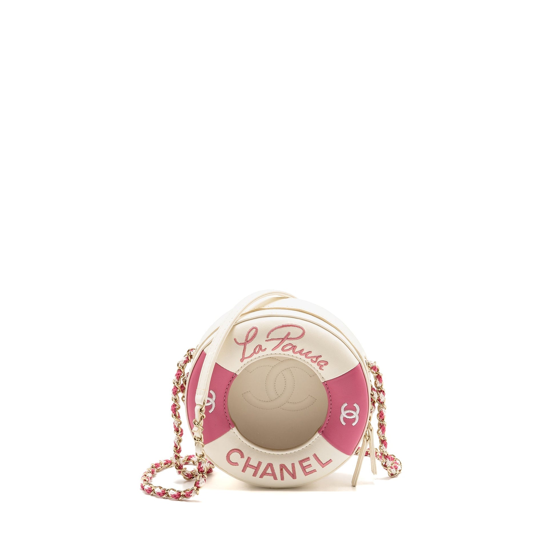 Chanel 19c La Pausa Lifesaver Lambskin PVC White Pink Handbag