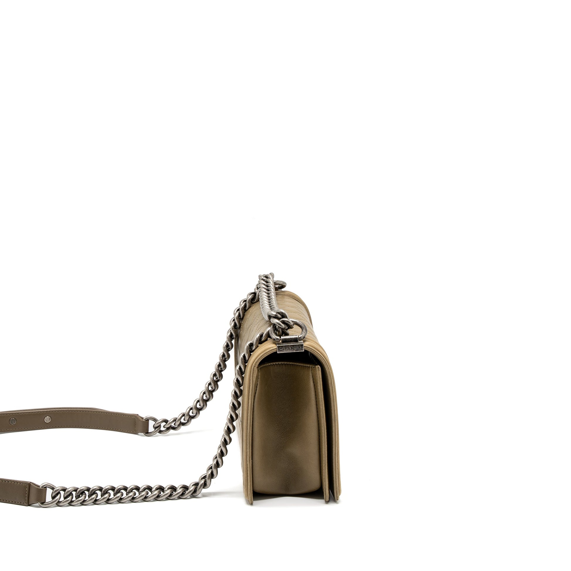 Chanel Boy Lambskin Khaki Ruthenium Hardware Green Handbag