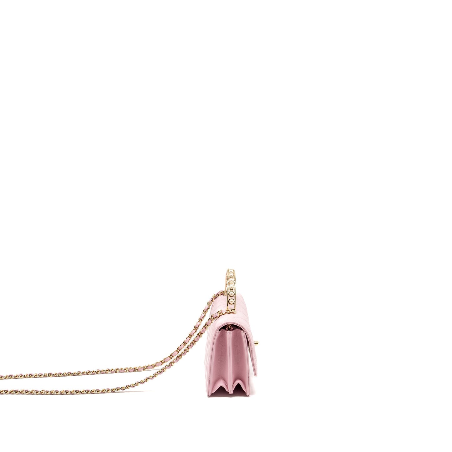 Chanel Pearl Detailed Top Handel On Lambskin Pink Wallet Case