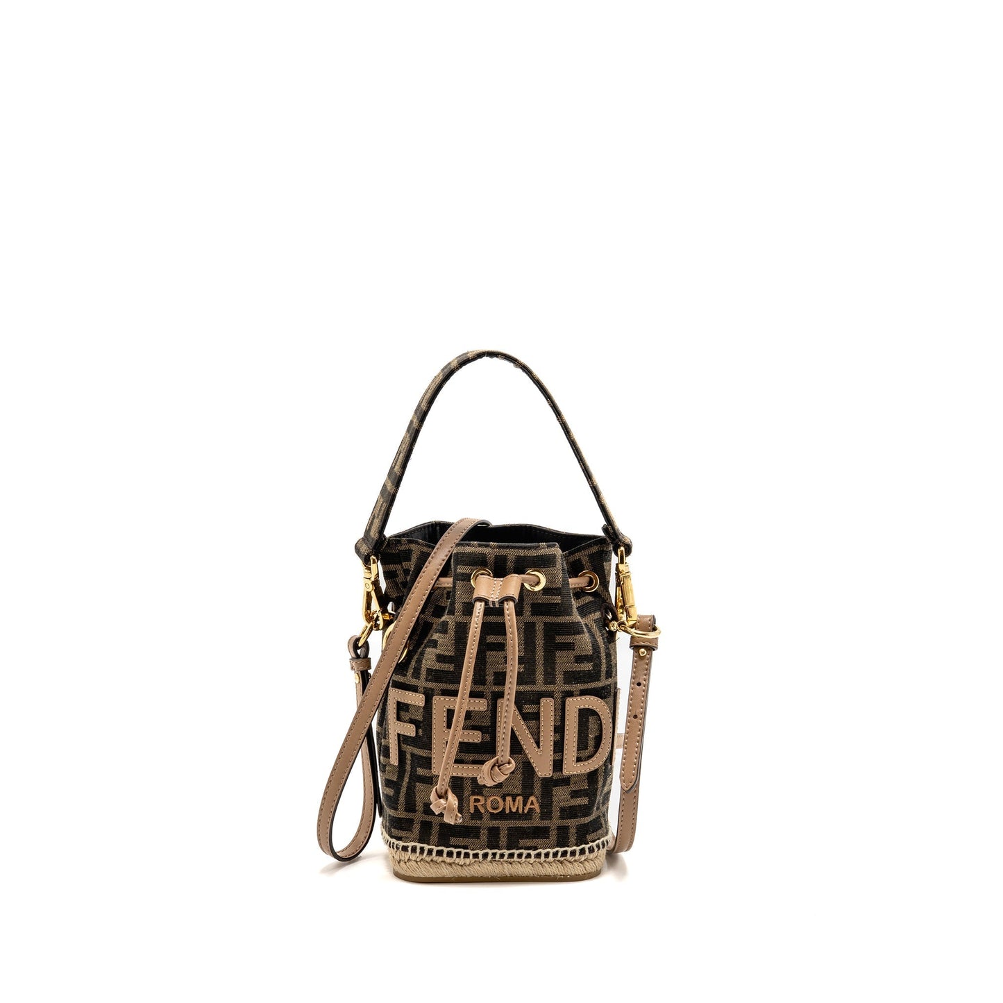 Fendi Tresor Purse Fabric Raffia Brown Bucket Bucket Bag