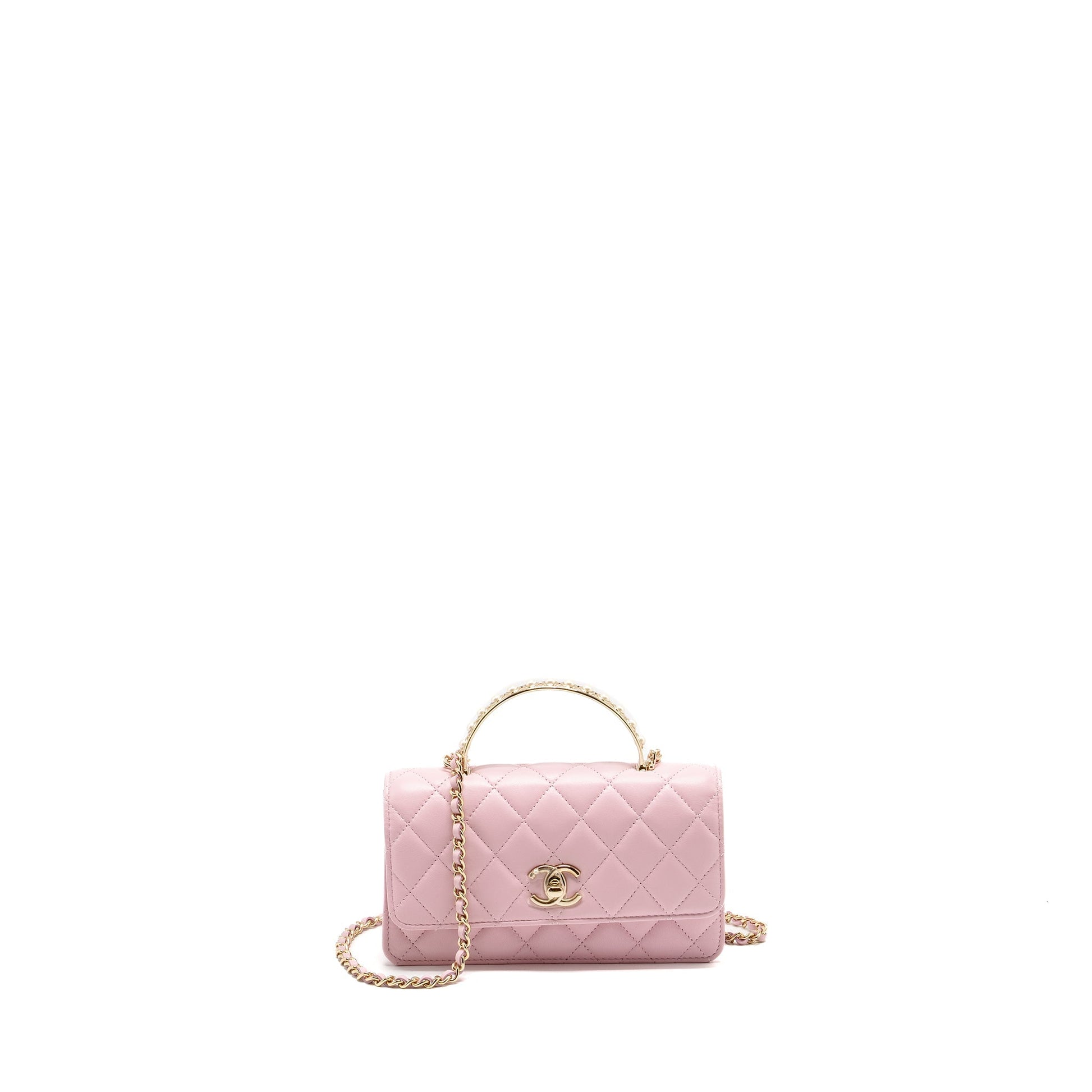 Chanel Pearl Detailed Top Handel On Lambskin Pink Wallet Case