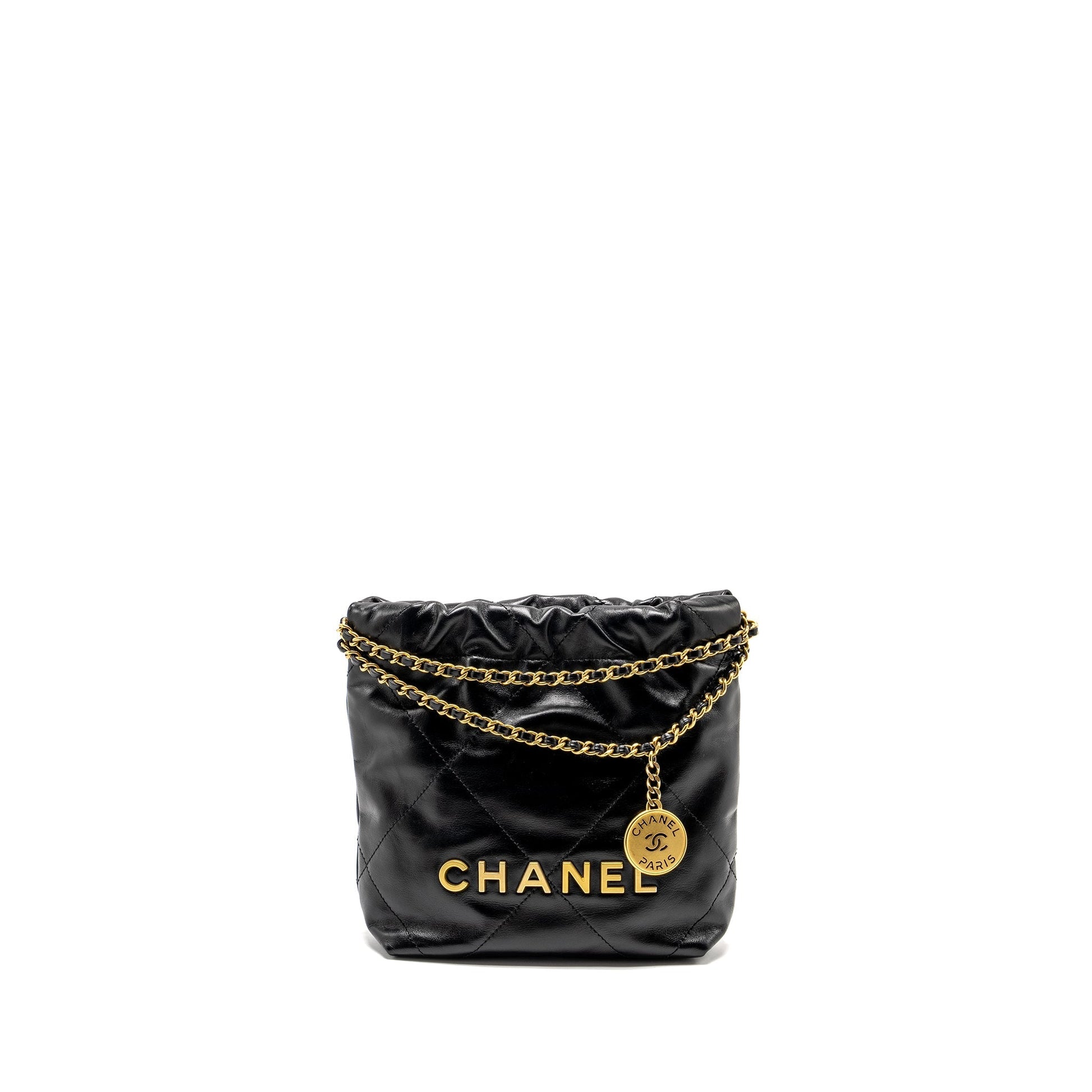 Chanel 23K 22 Shiny Calfskin GHW Microchip Black Mini Bag