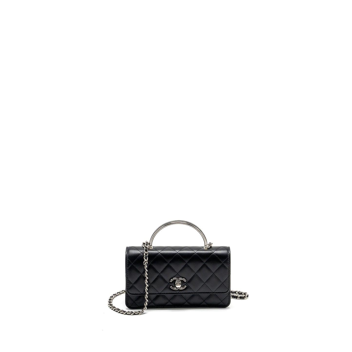 Chanel Top Handle On Flap Lambskin SHW Black Wallet Case
